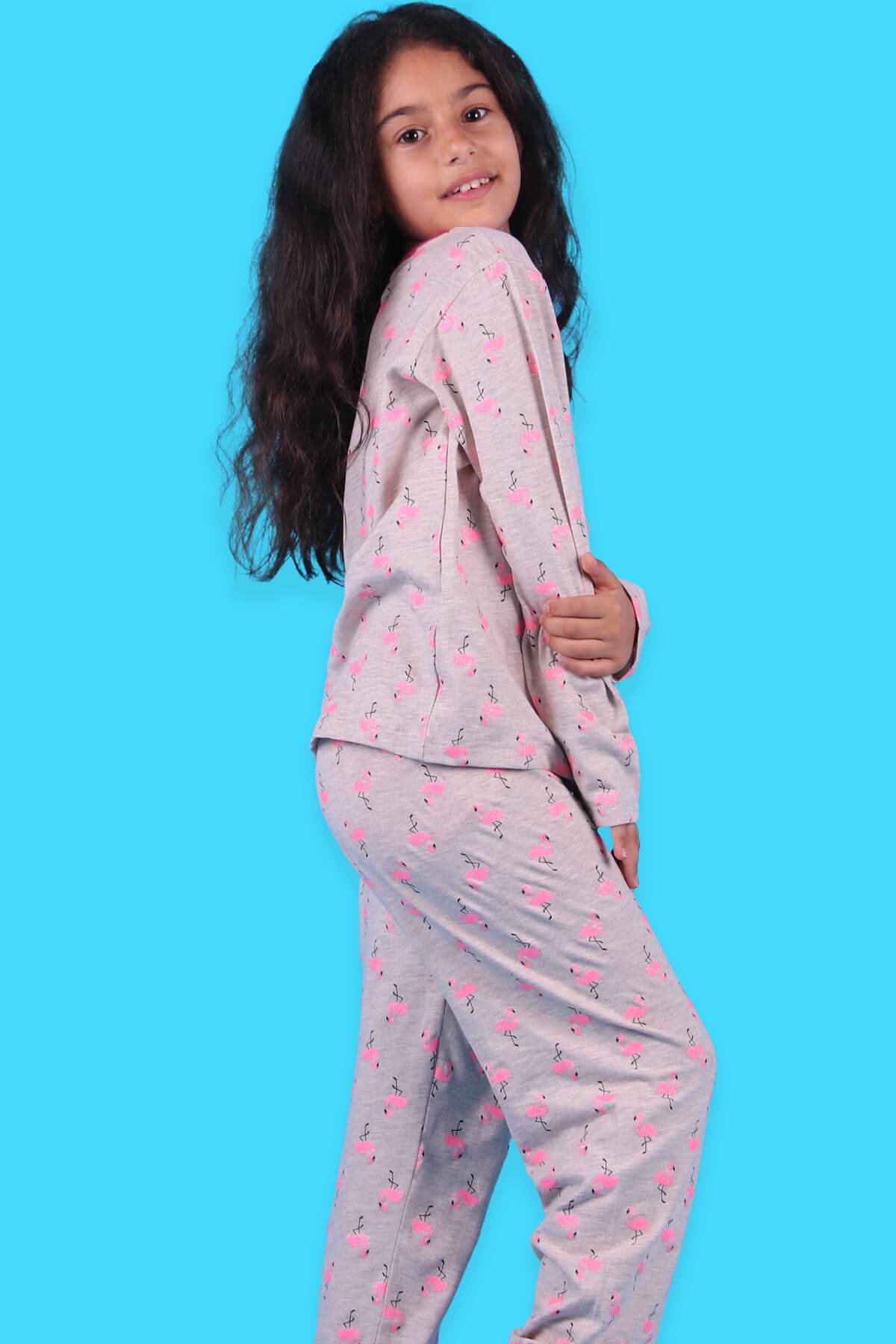 Breeze Kız Çocuk Pijama Takımı Flamingo Baskılı Simli Bej (6-10 Yaş)