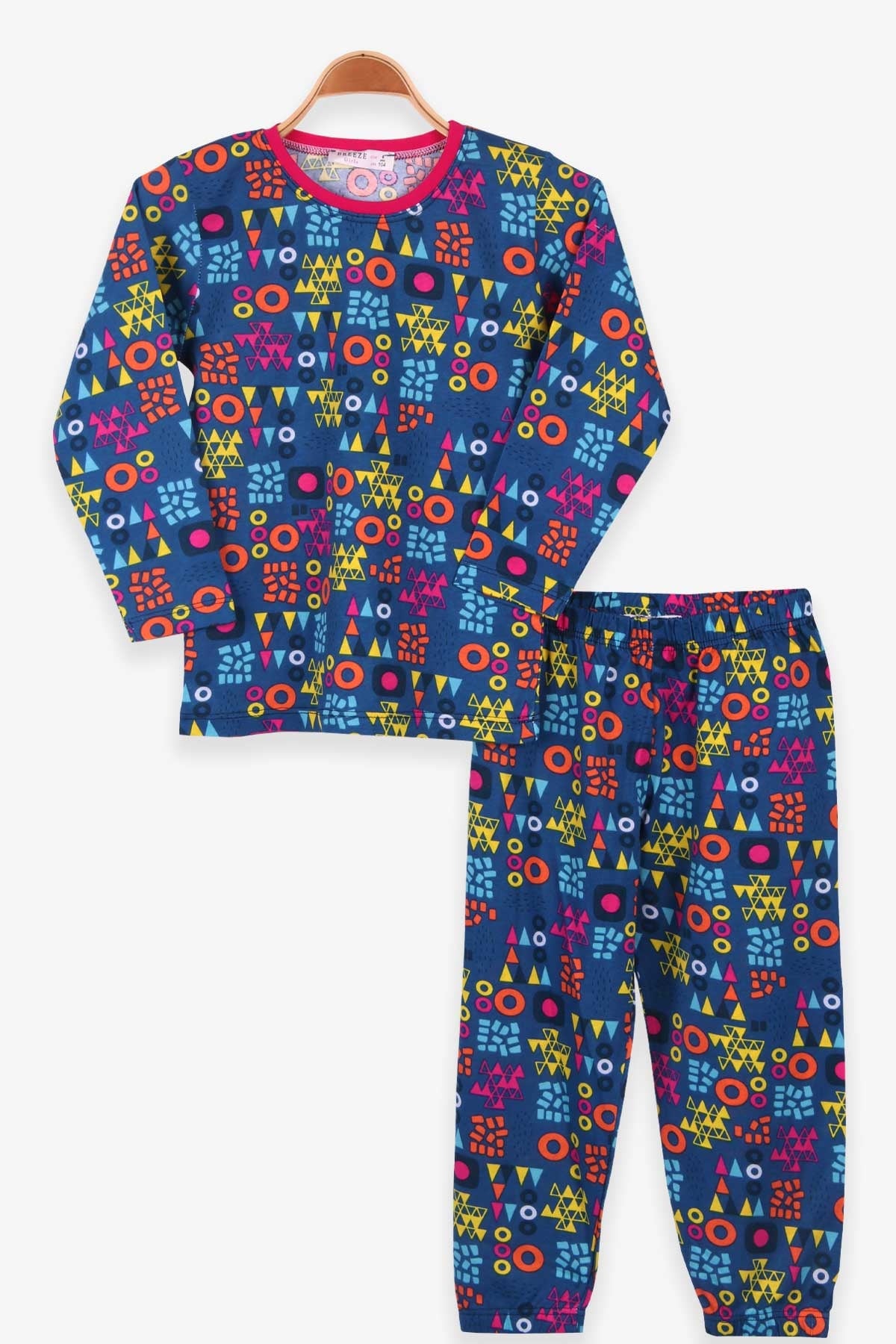 Breeze Kız Çocuk Pijama Takımı Geometrik Desenli Koyu Mavi (4-8 Yaş)