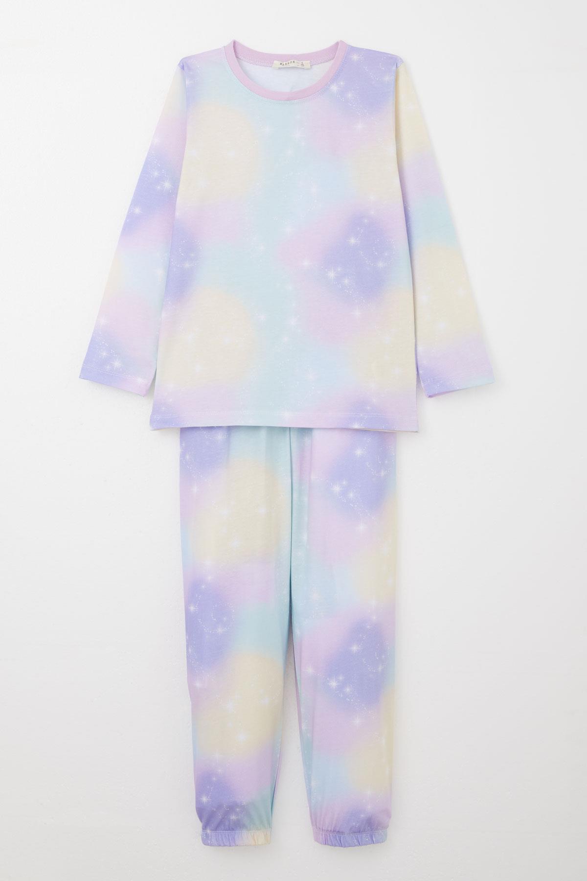 Breeze Kız Çocuk Pijama Takımı Gökyüzü Temalı Yıldız Desenli Lila (4-8 Yaş)