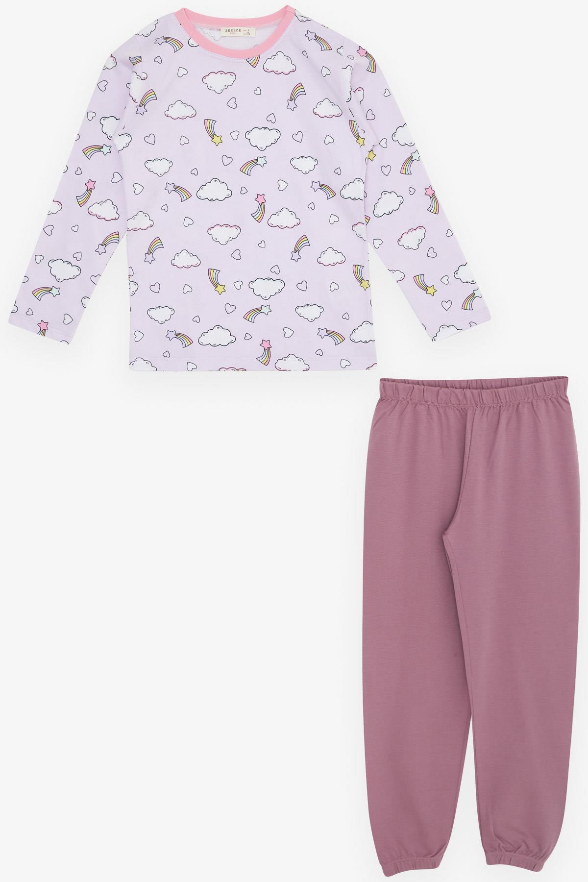 Breeze Kız Çocuk Pijama Takımı Gökyüzü Temalı Kalp Desenli Açık Lila (4-8 Yaş)