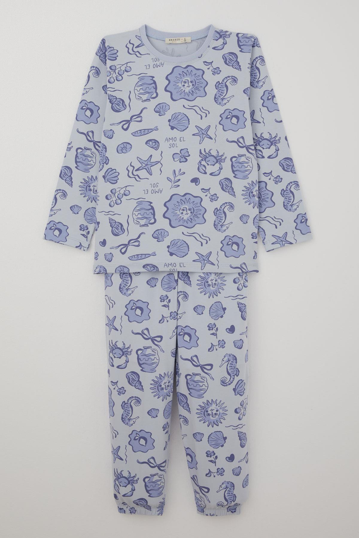 Breeze Kız Çocuk Pijama Takımı Güneşli Deniz Masalı Açık Mavi (4-8 Yaş)