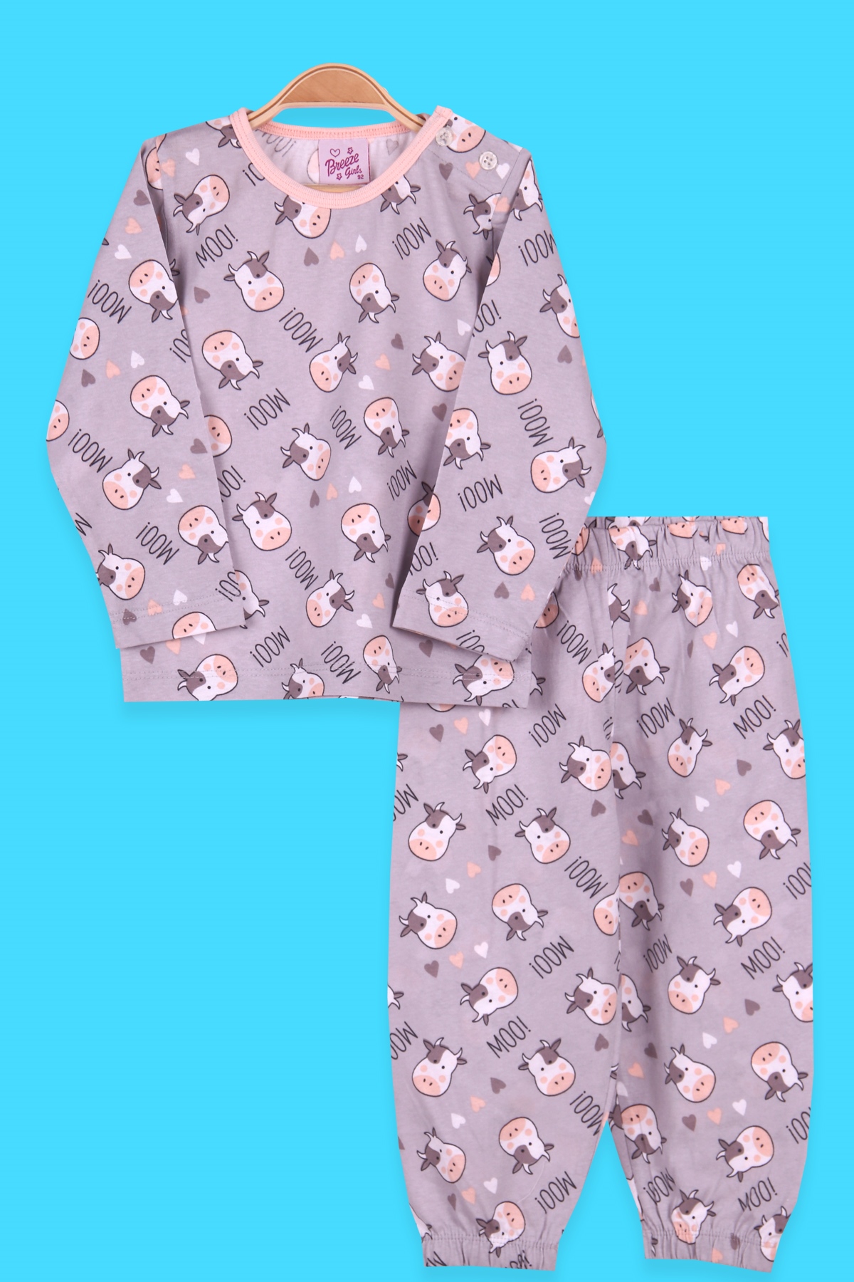 Breeze Kız Çocuk Pijama Takımı İnek Desenli Füme (2-6 Yaş)