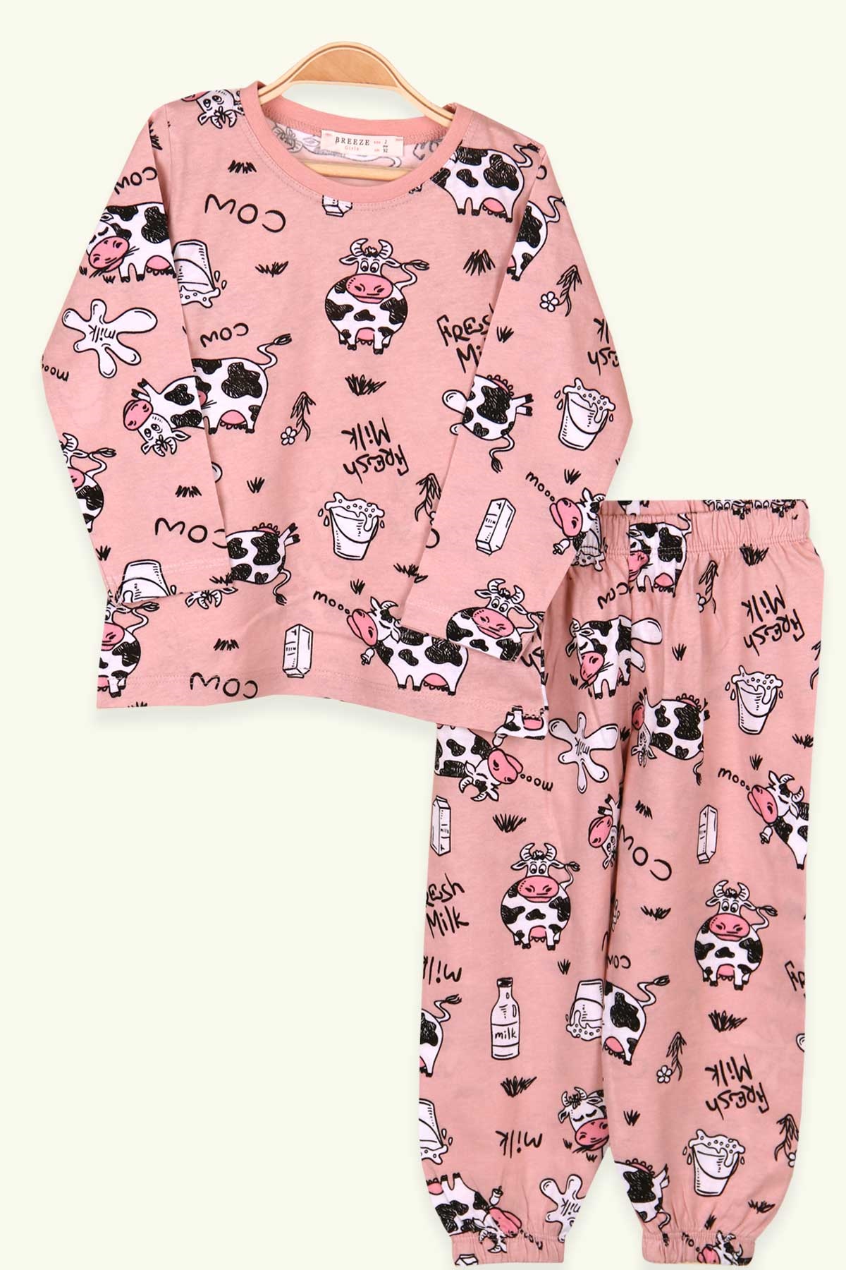 Breeze Kız Çocuk Pijama Takımı İnek Desenli Somon (2-6 Yaş)