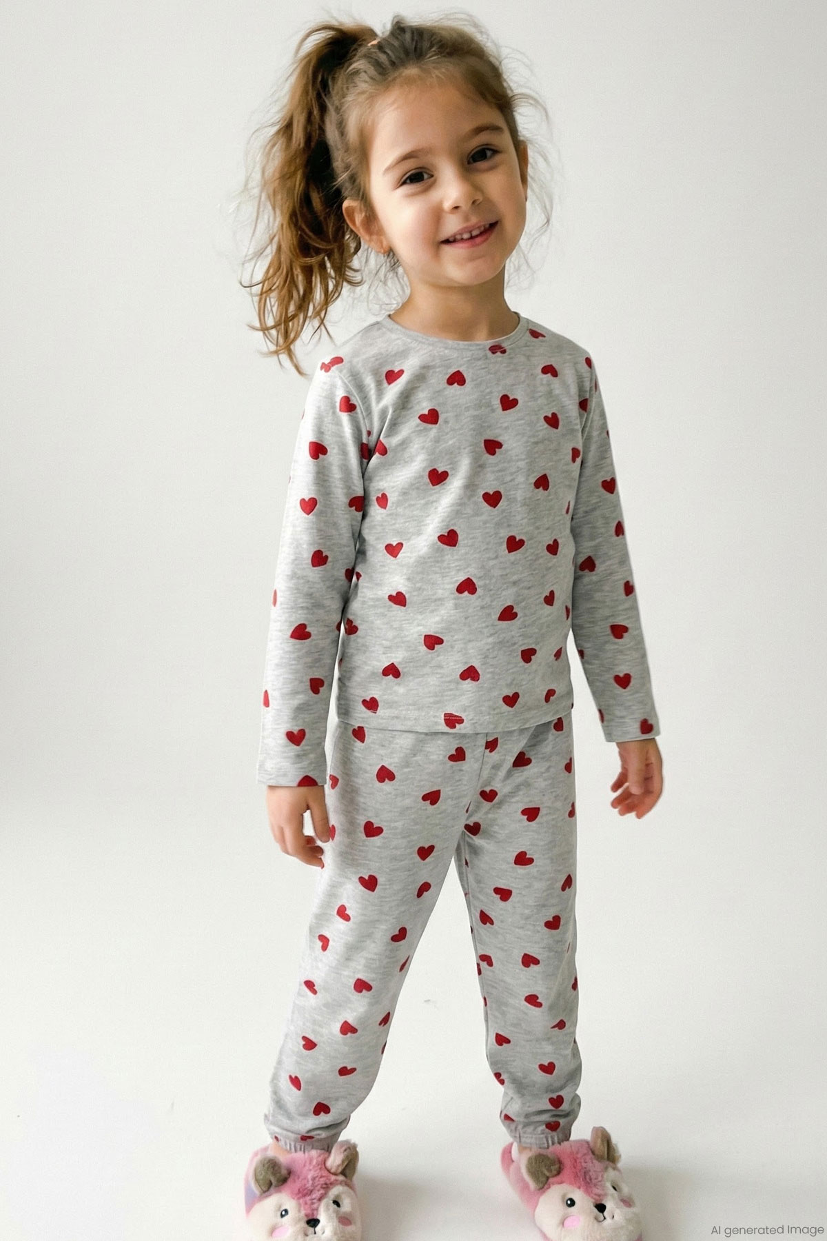 Breeze Kız Çocuk Pijama Takımı Kalp Desenli Açık Gri Melanj (4-7 Yaş)