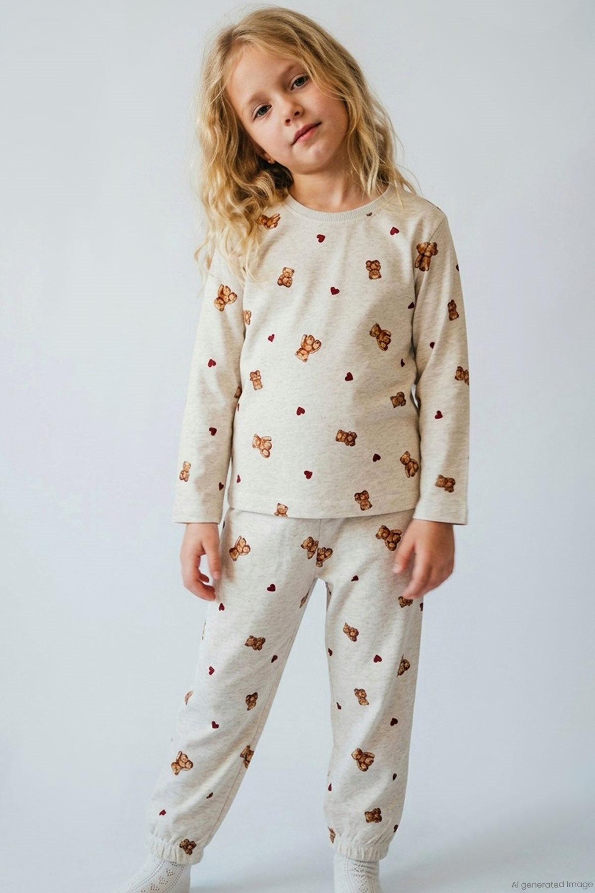 Breeze Kız Çocuk Pijama Takımı Kalp & Sevimli Oyuncak Ayıcık Desenli Bej Melanj (4-8 Yaş)