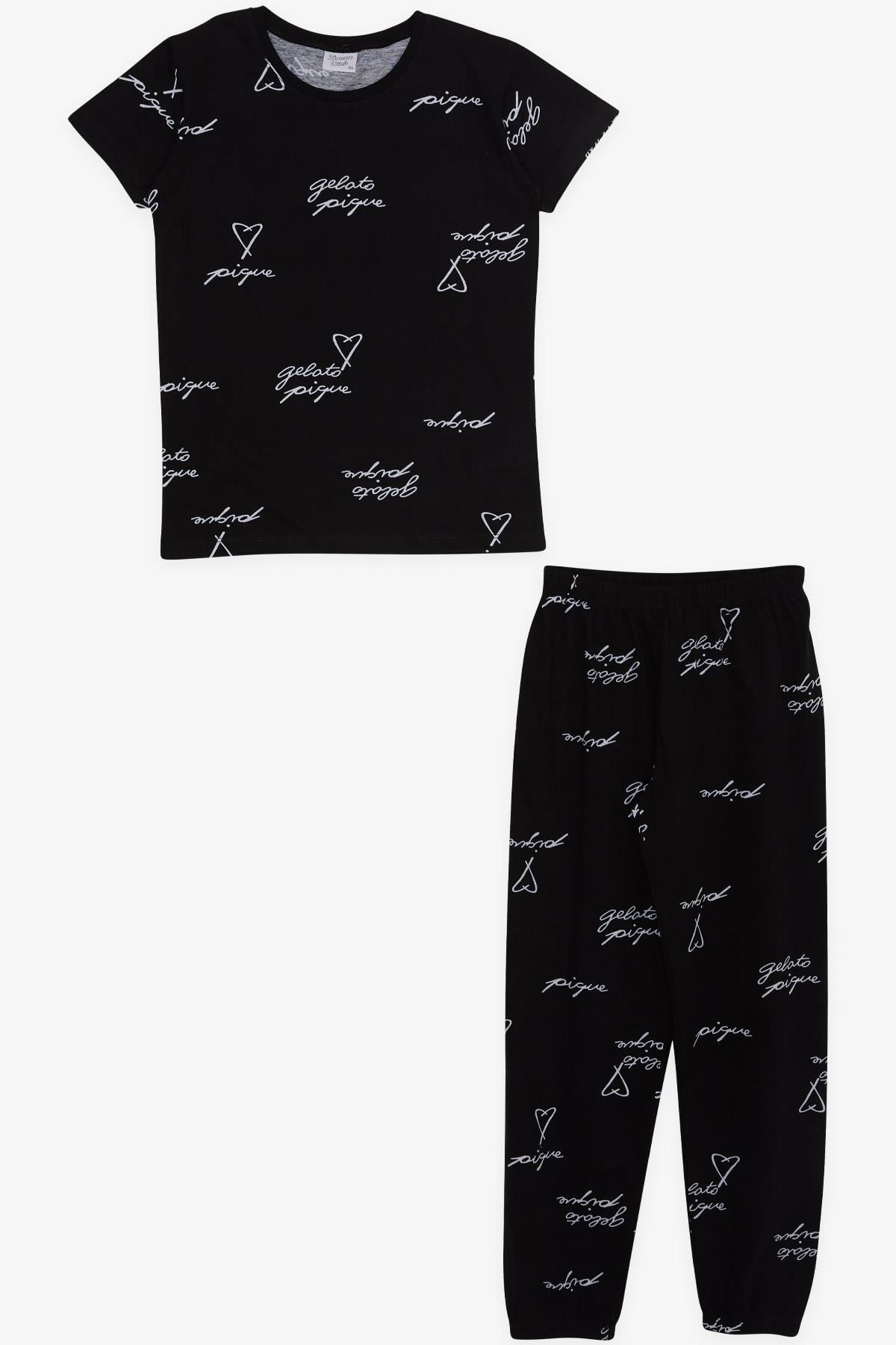 Breeze Kız Çocuk Pijama Takımı Kalpli Yazı Desenli Siyah (9-14 Yaş)