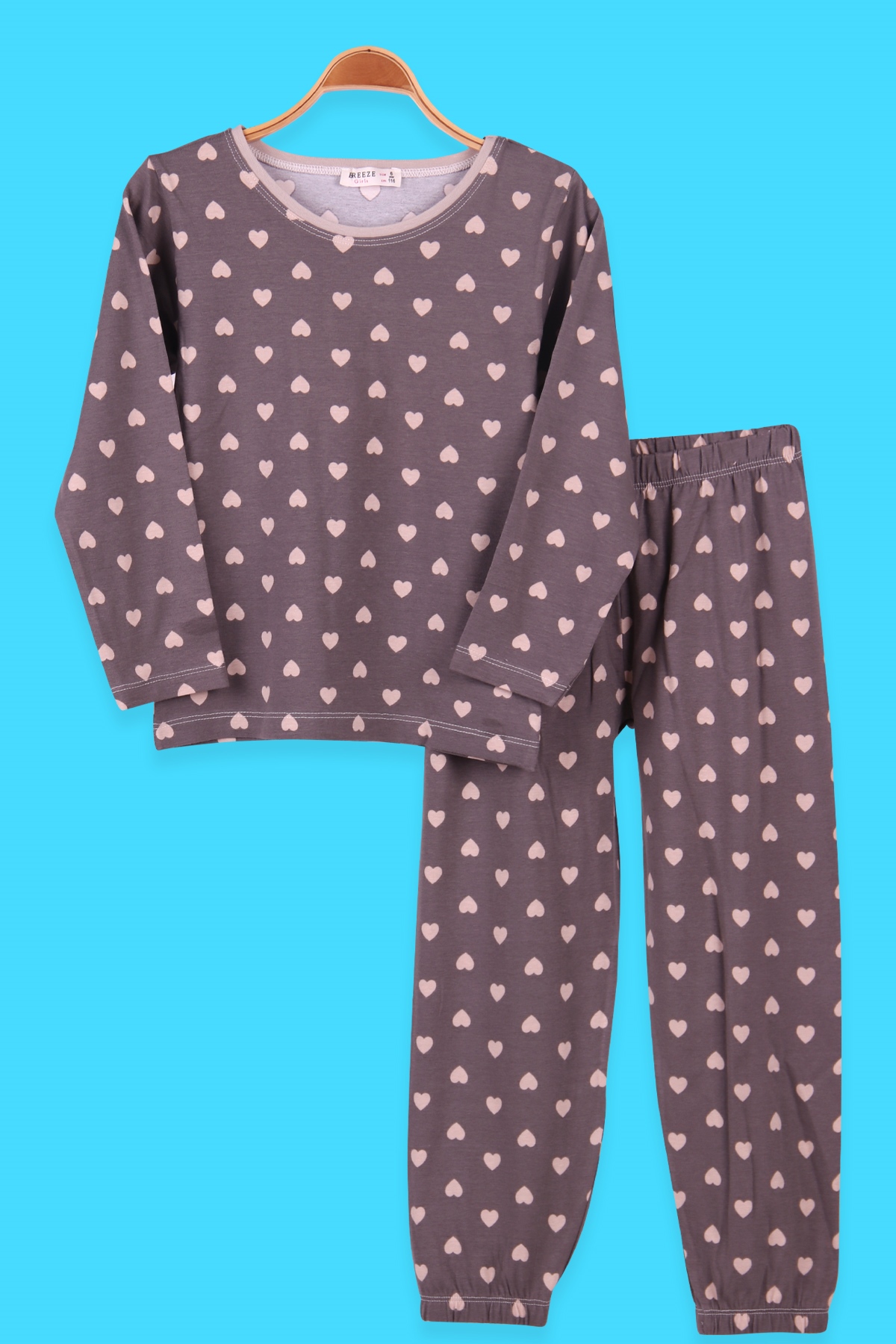 Breeze Kız Çocuk Pijama Takımı Kalpli Füme (6-10 Yaş)