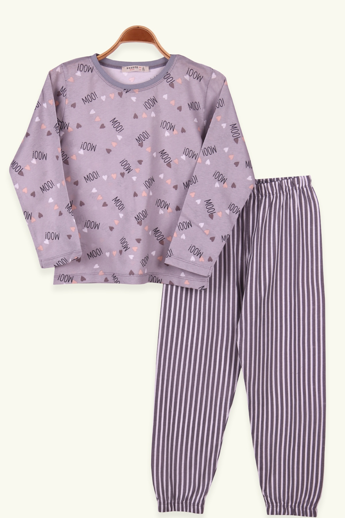Breeze Kız Çocuk Pijama Takımı Kalpli Füme (6-10 Yaş)
