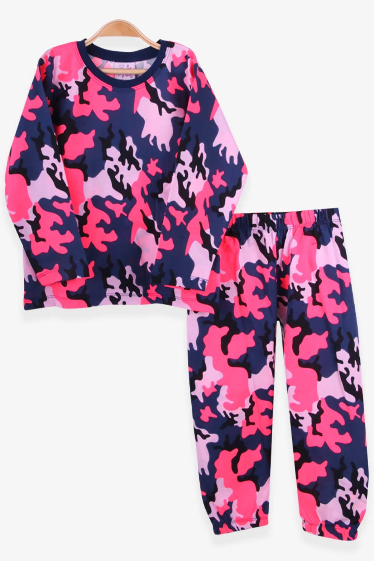 Breeze Kız Çocuk Pijama Takımı Kamuflaj Desenli Neon Pembe (4-8 Yaş)