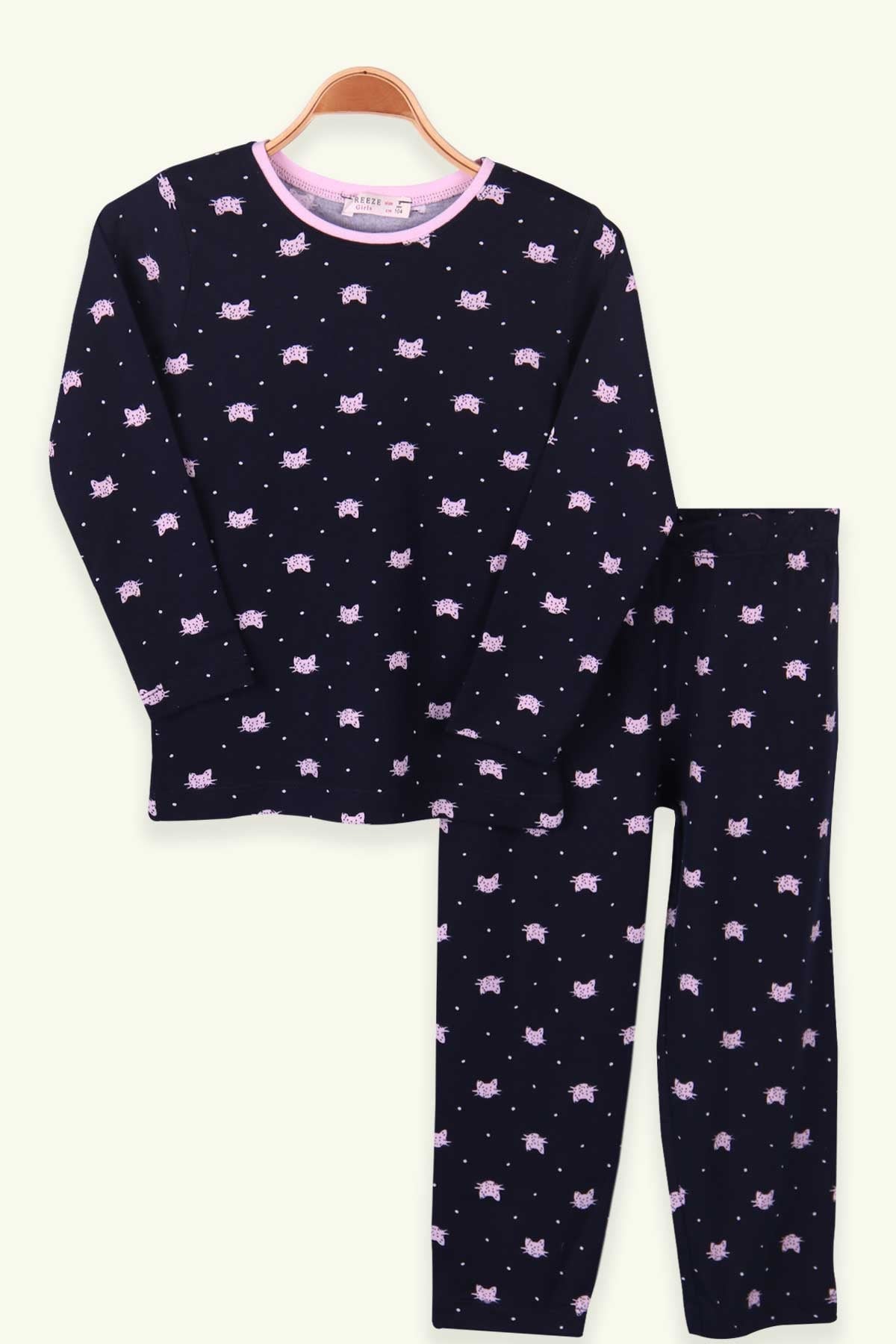 Breeze Kız Çocuk Pijama Takımı Kedi Desenli Lacivert (4-8 Yaş)