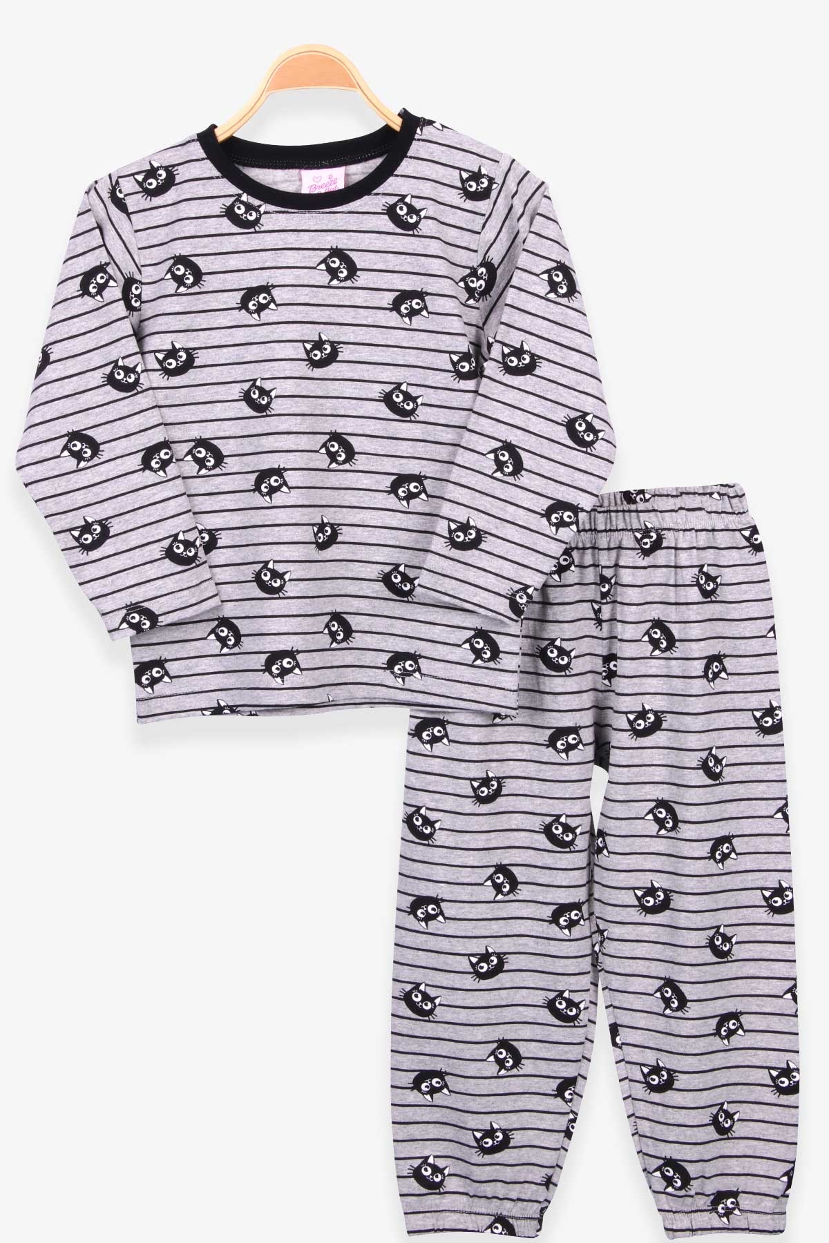 Breeze Kız Çocuk Pijama Takımı Kedi Desenli Gri Melanj (4-8 Yaş)