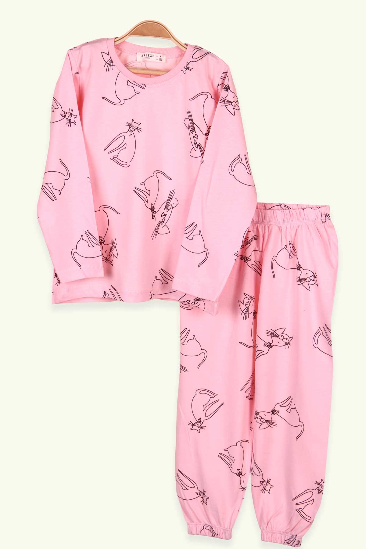 Breeze Kız Çocuk Pijama Takımı Kedi Desenli Pudra (2-6 Yaş)
