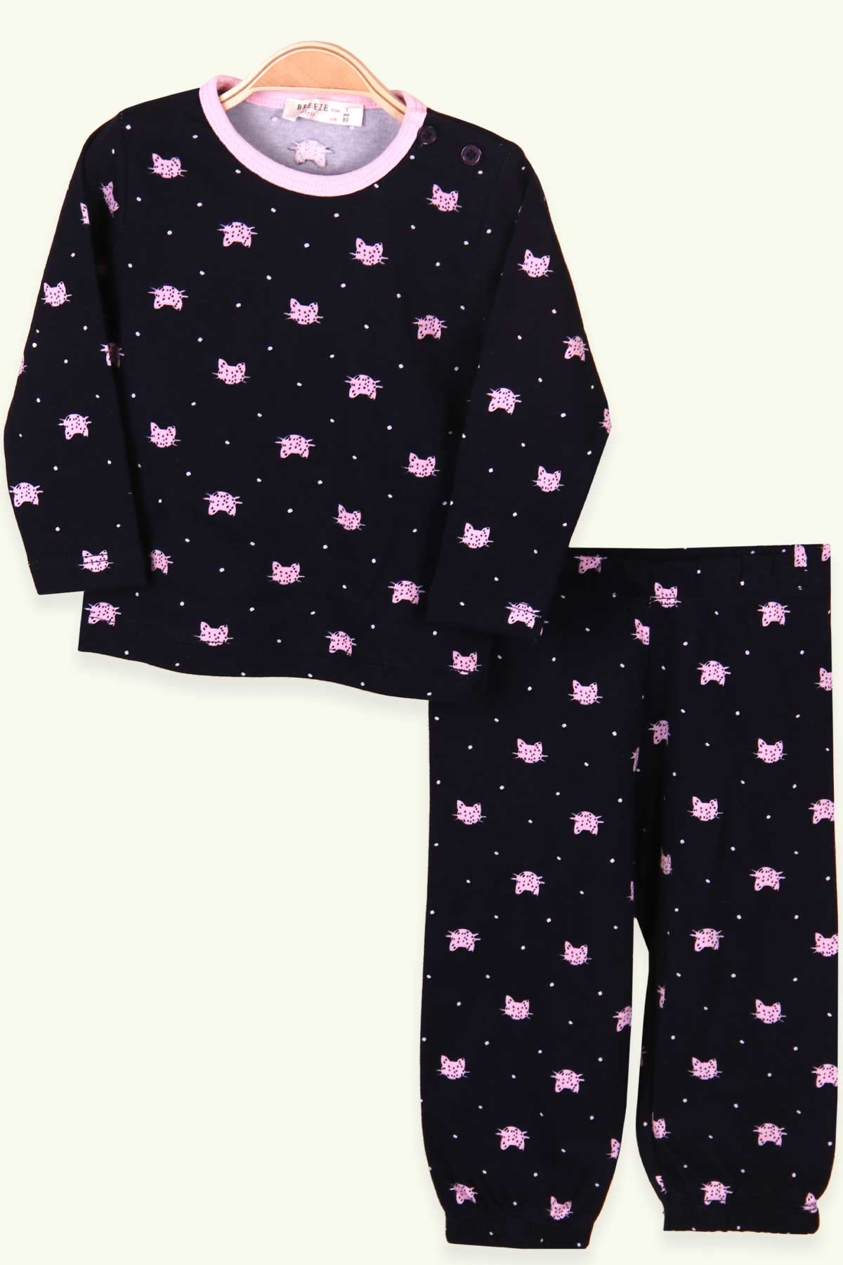 Breeze Kız Çocuk Pijama Takımı Kedi Desenli Lacivert (1-4 Yaş)