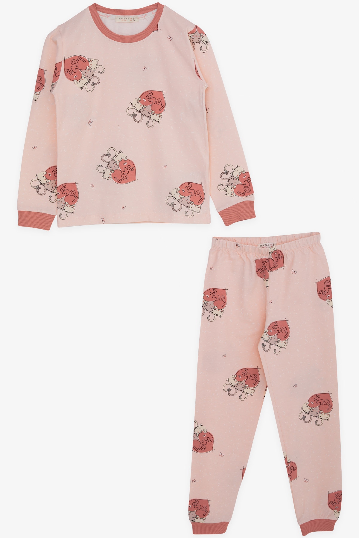 Breeze Kız Çocuk Pijama Takımı Kedicik Desenli Pudra (6-10 Yaş)