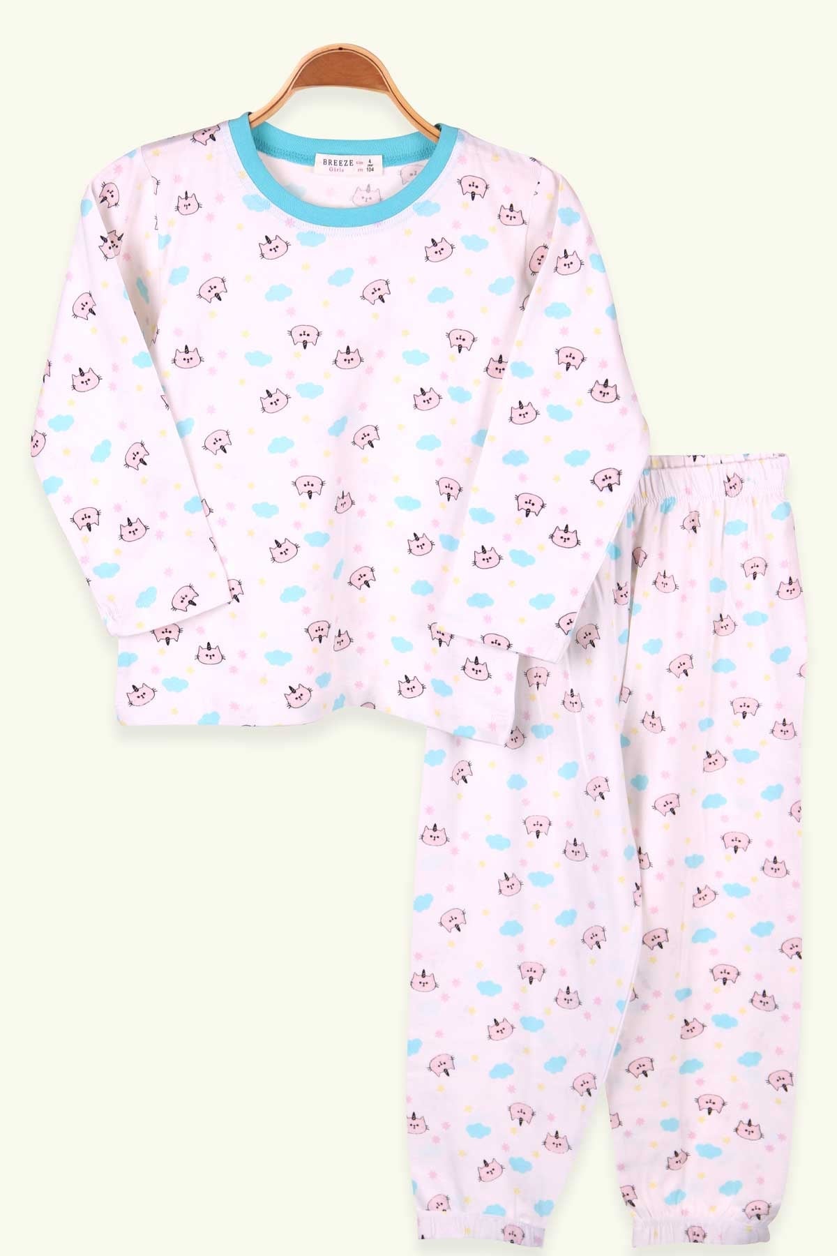 Breeze Kız Çocuk Pijama Takımı Kedicorn Beyaz (4-8 Yaş)