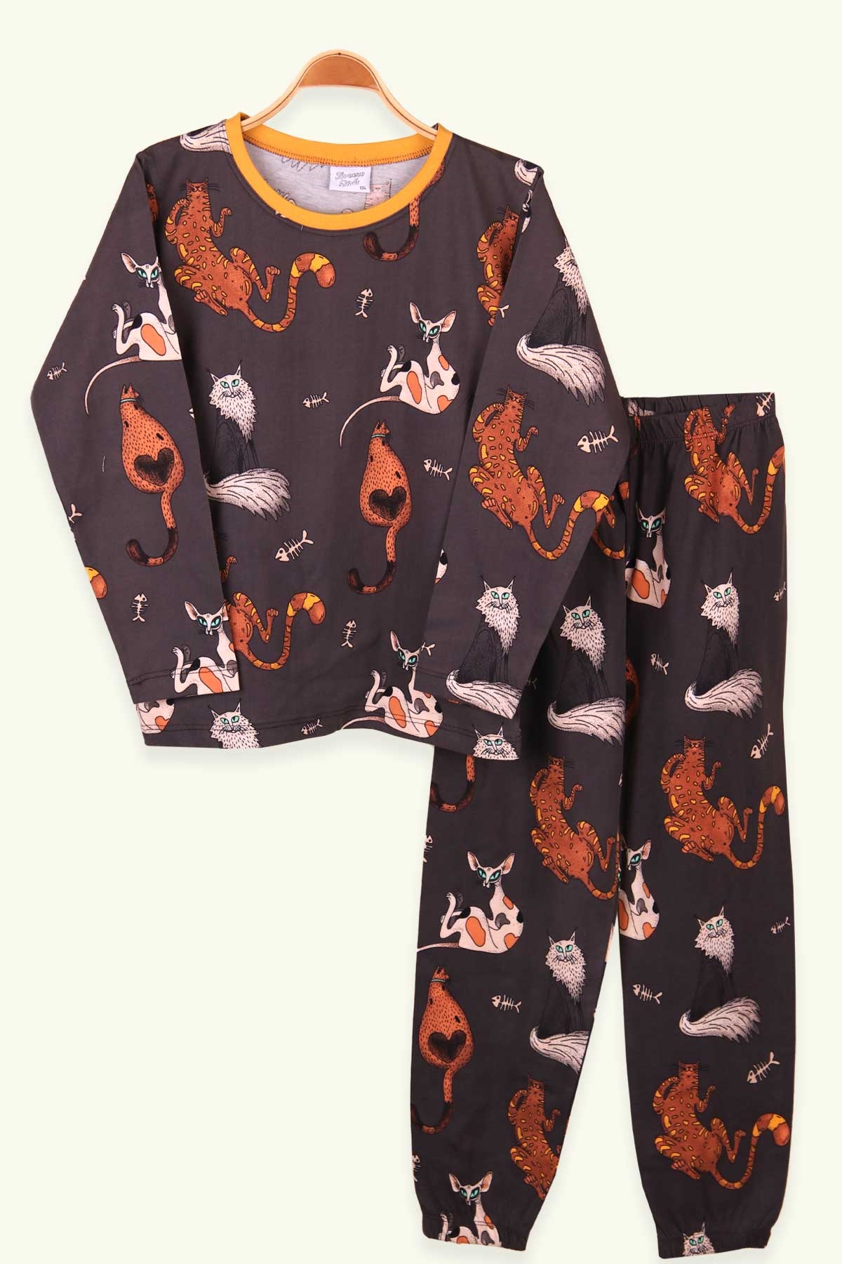 Breeze Kız Çocuk Pijama Takımı Kedili Füme (9-12 Yaş)