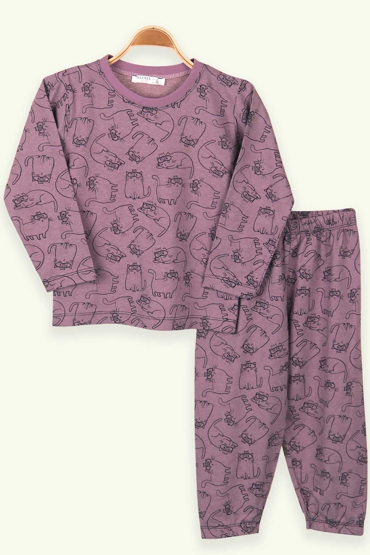 Breeze Kız Çocuk Pijama Takımı Kedili Gülkurusu (4-8 Yaş)