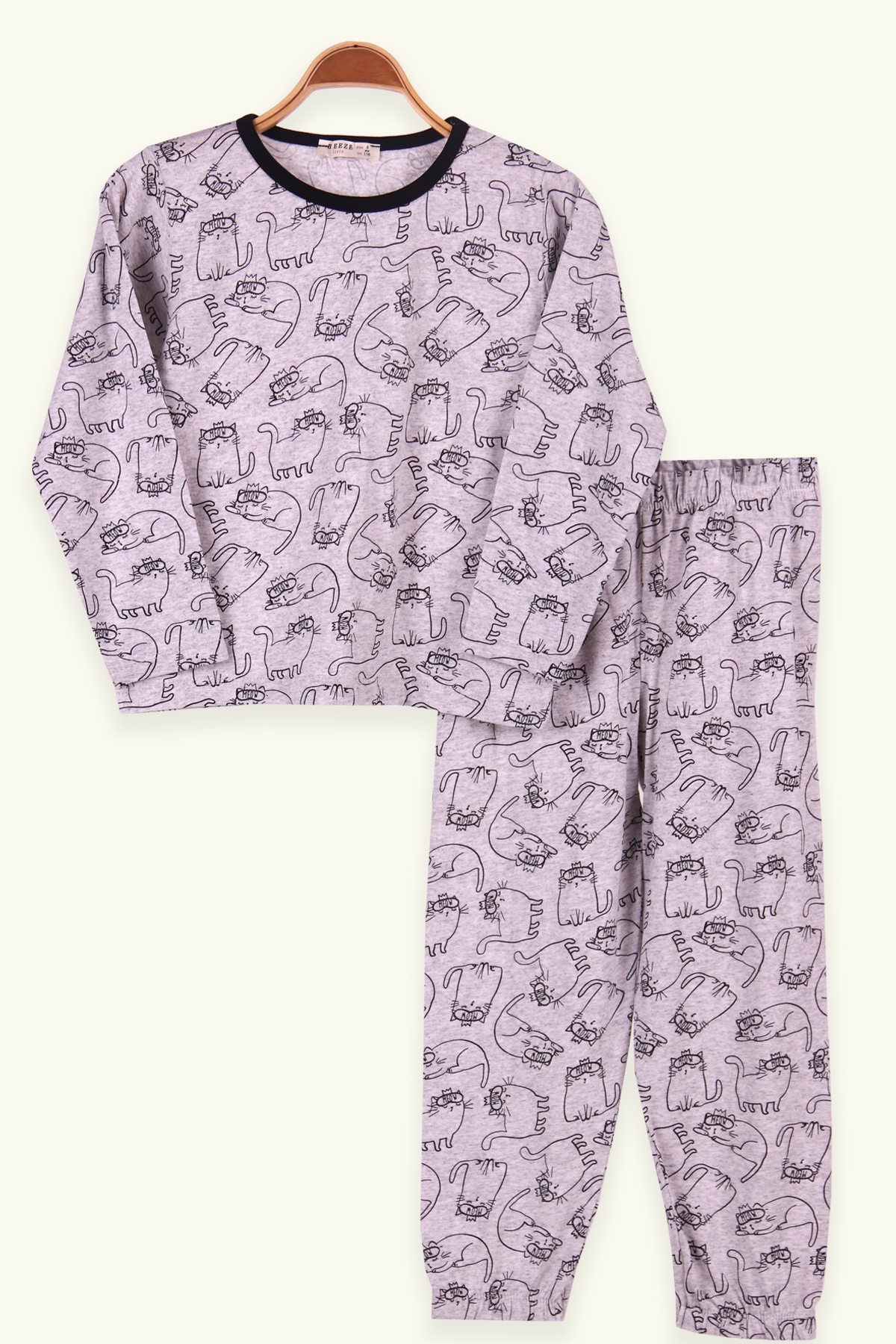 Breeze Kız Çocuk Pijama Takımı Kedili Gri (6-10 Yaş)
