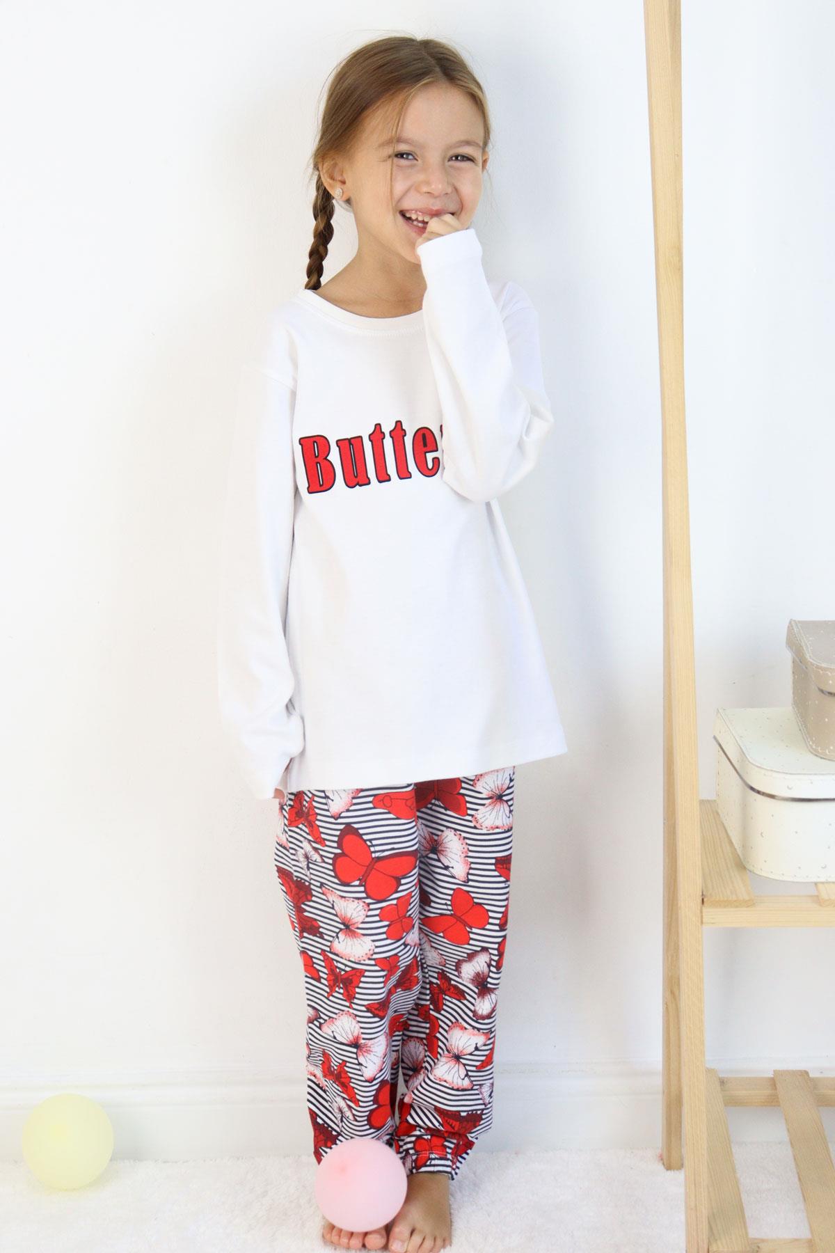 Breeze Kız Çocuk Pijama Takımı Kelebek Desenli Yazı Baskılı Beyaz (5-7 Yaş)