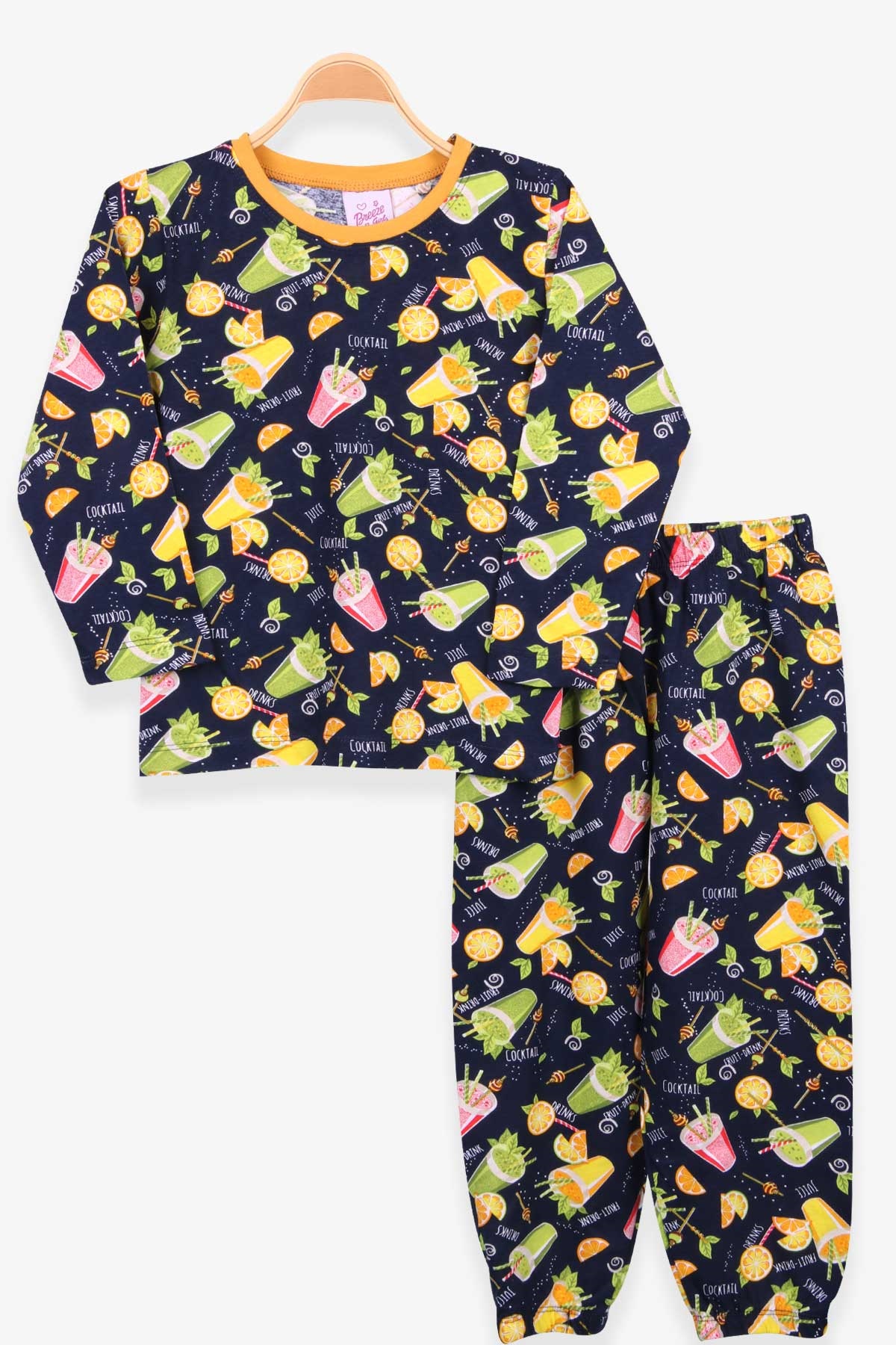 Breeze Kız Çocuk Pijama Takımı Kokteyl Desenli Lacivert (4-8 Yaş)