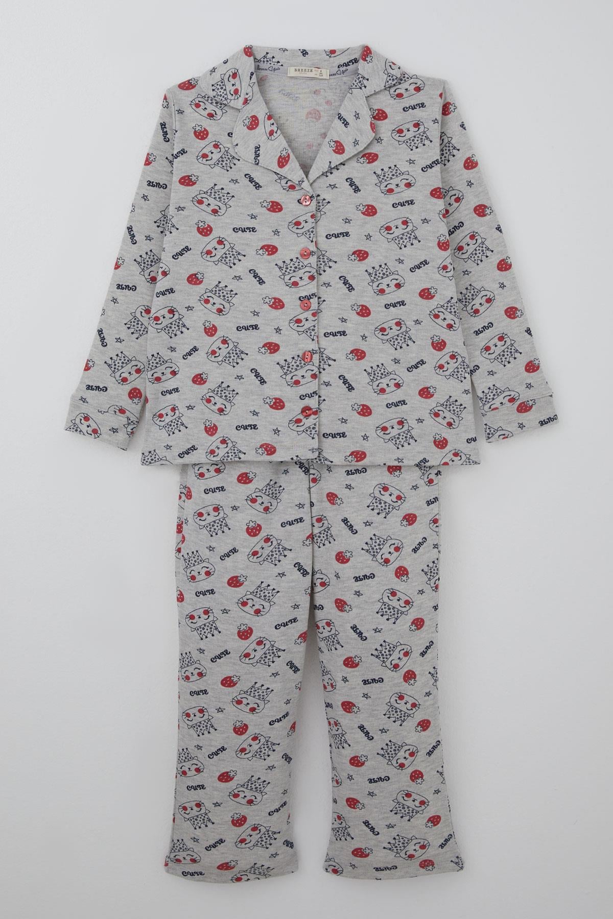 Breeze Kız Çocuk Pijama Takımı Kraliçe Kedicik & Çilek Desenli Açık Gri Melanj (7-11 Yaş)