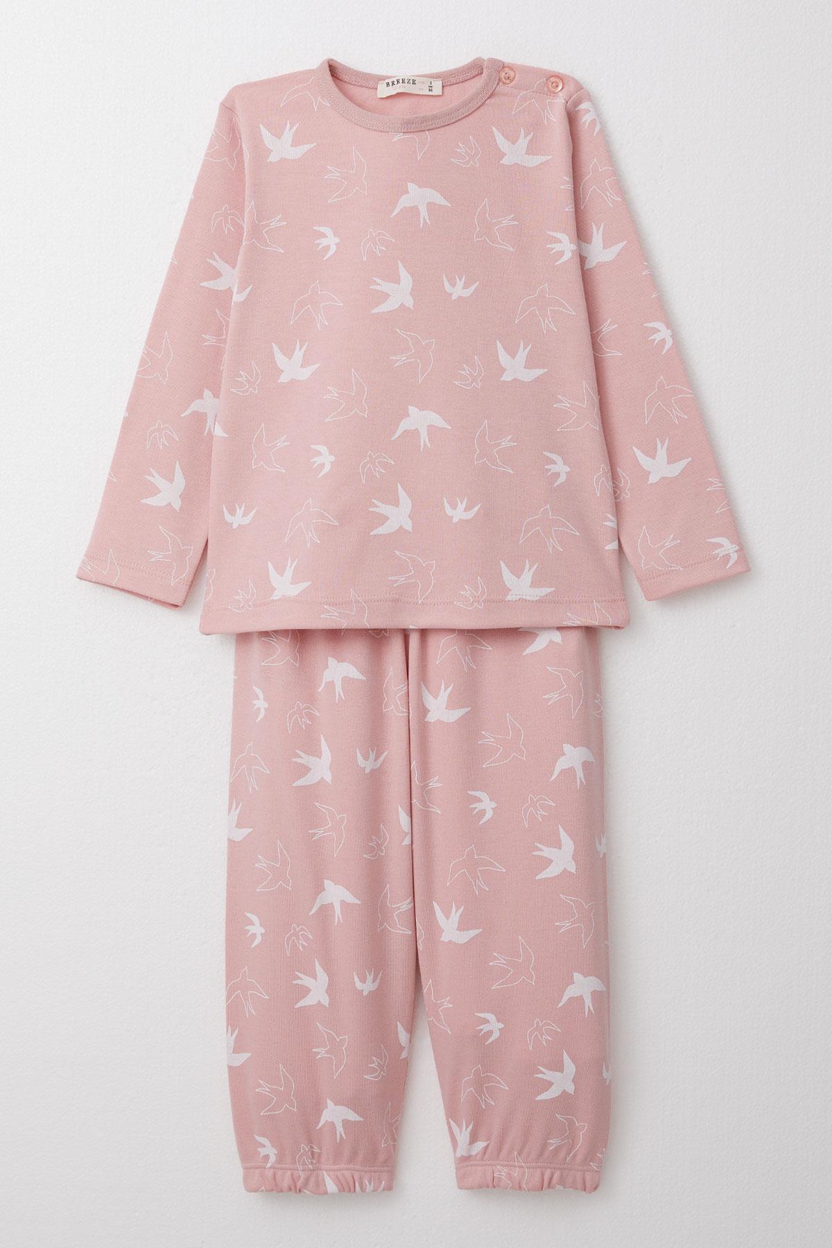 Breeze Kız Çocuk Pijama Takımı Kuş Desenli Pudra (1-3 Yaş)