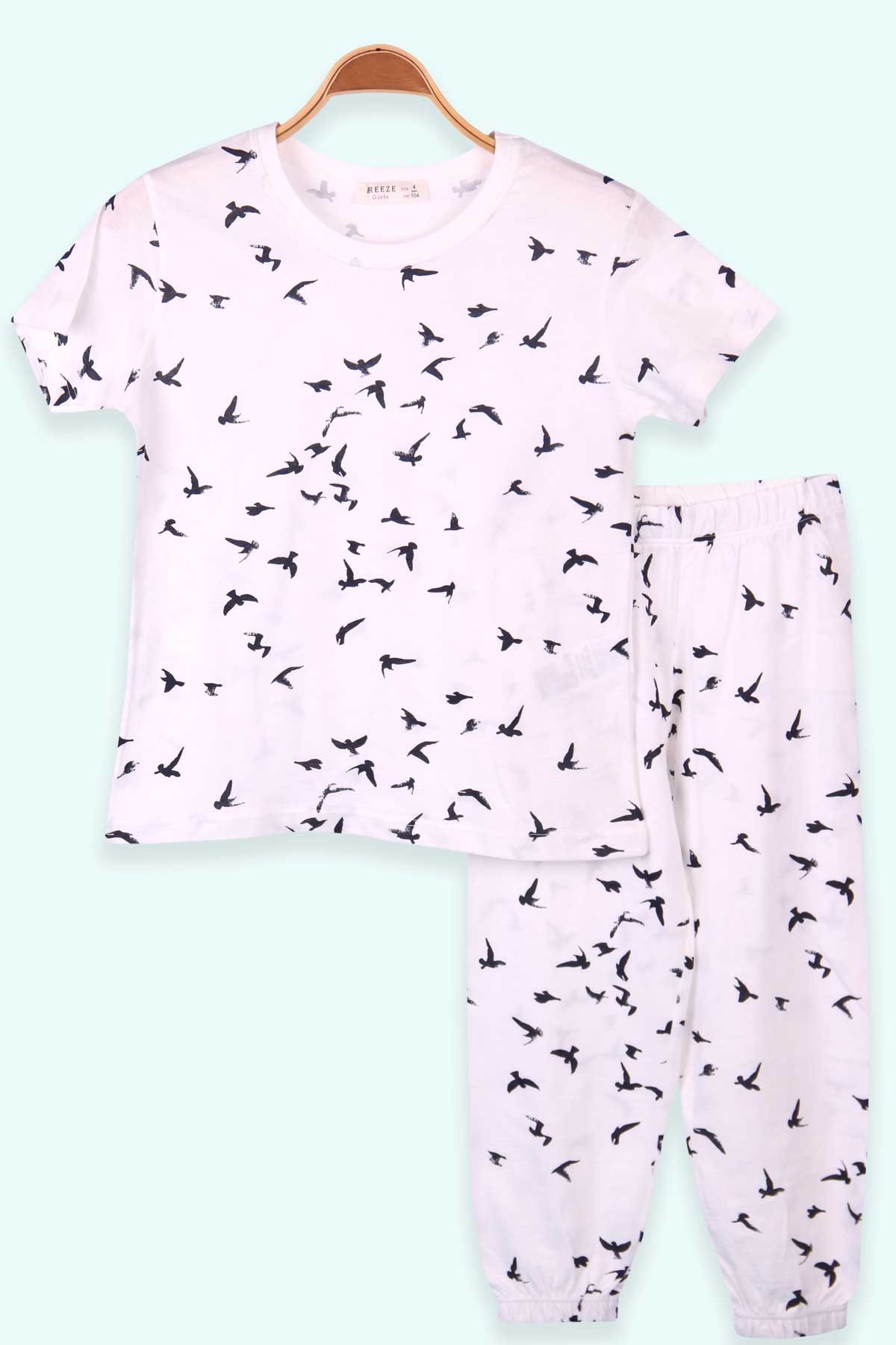 Breeze Kız Çocuk Pijama Takımı Kuş Desenli Beyaz (4-8 Yaş)