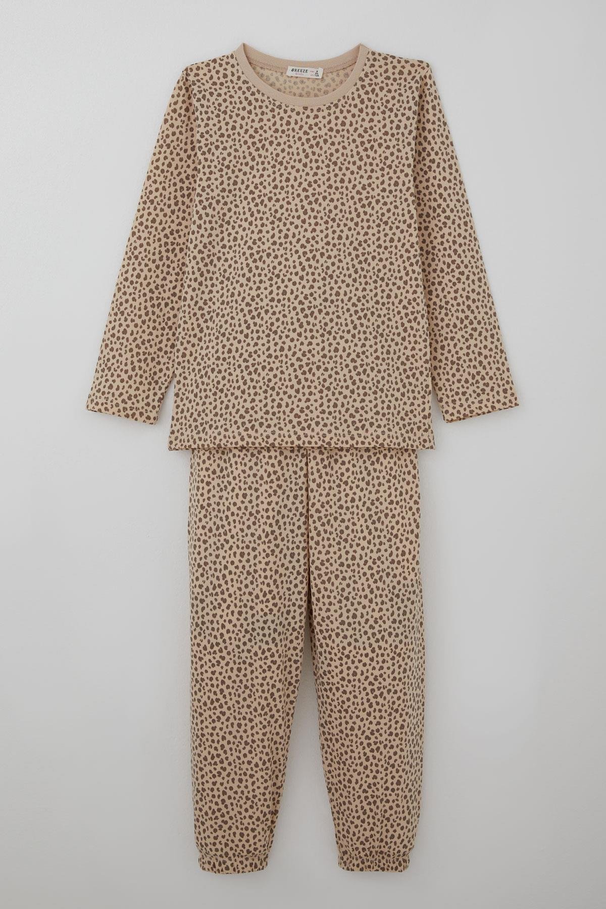 Breeze Kız Çocuk Pijama Takımı Leopar Desenli Bej (4-8 Yaş)