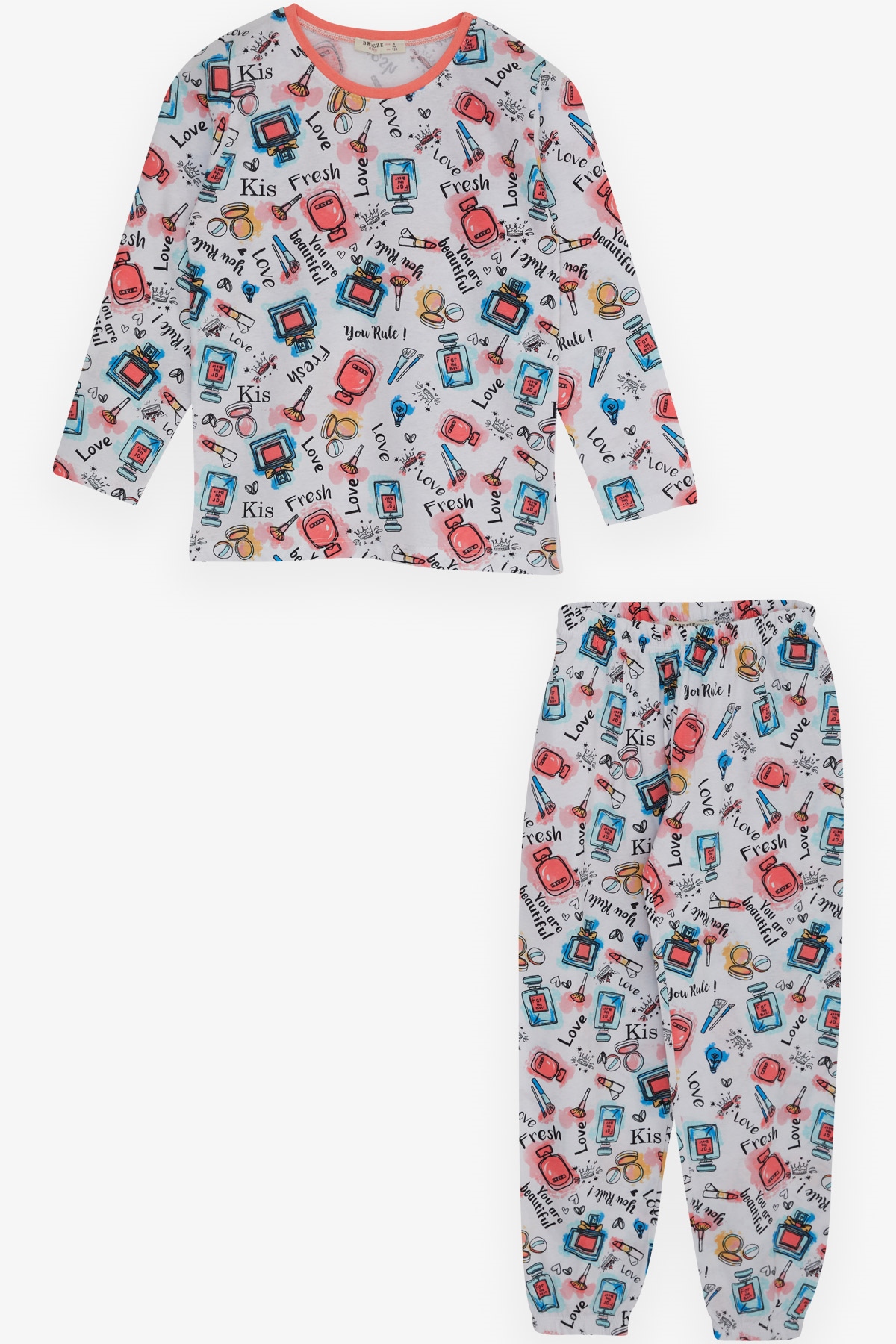 Breeze Kız Çocuk Pijama Takımı Makyaj Malzemeleri Desenli Beyaz (4-8 Yaş)