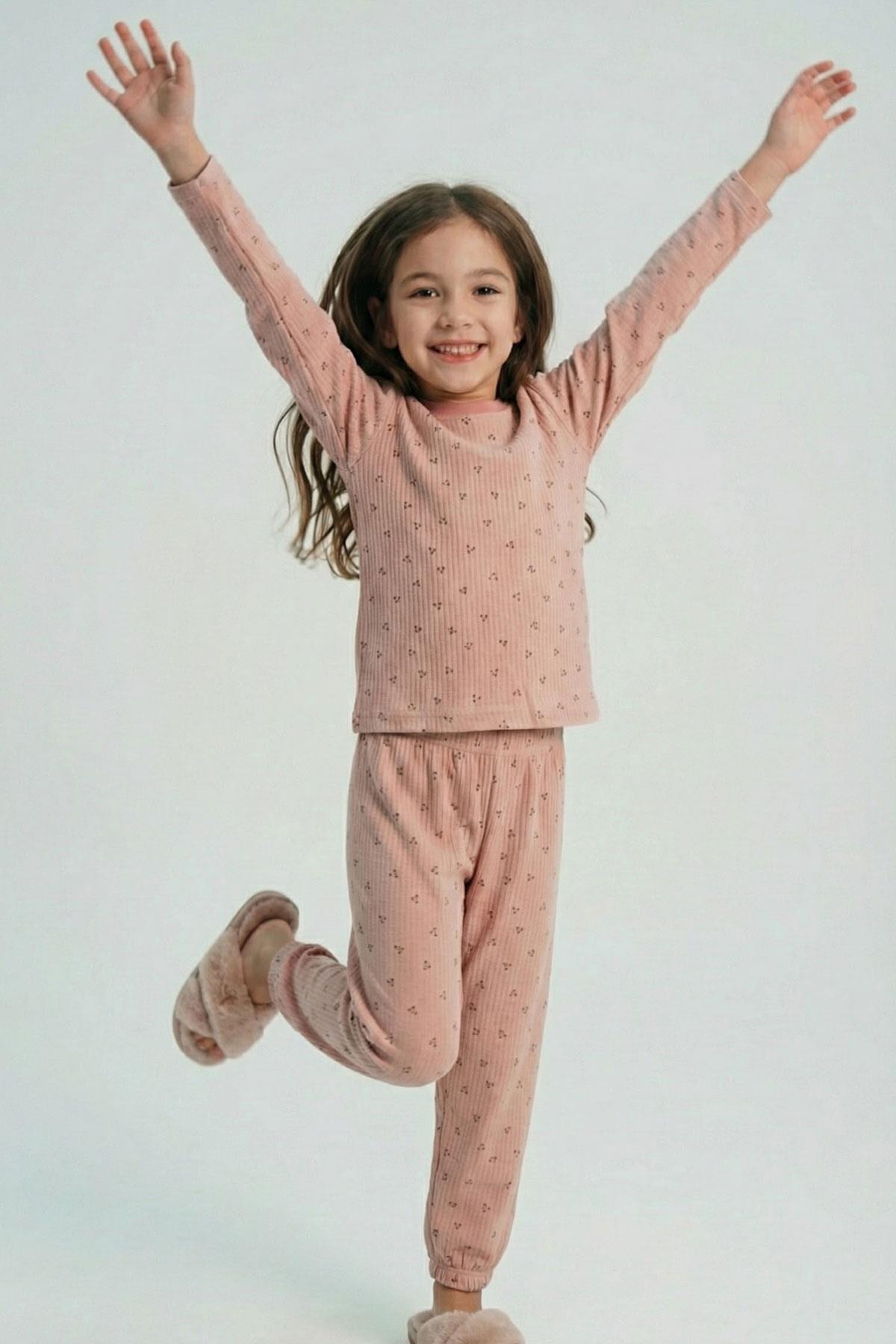 Breeze Kız Çocuk Pijama Takımı Minimal Mini Desenli Gülkurusu (4-8 Yaş)