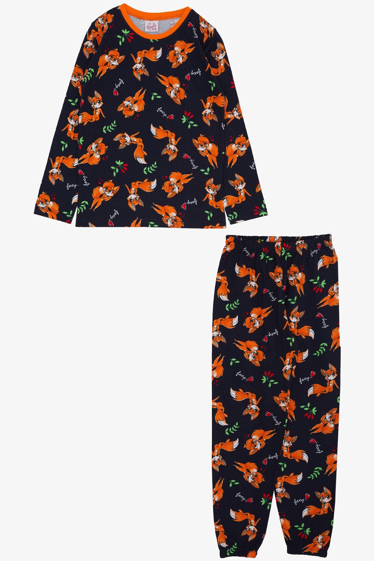 Breeze  Kız Çocuk Pijama Takımı Mutlu Tilkicik Desenli Lacivert (4-8 Yaş)