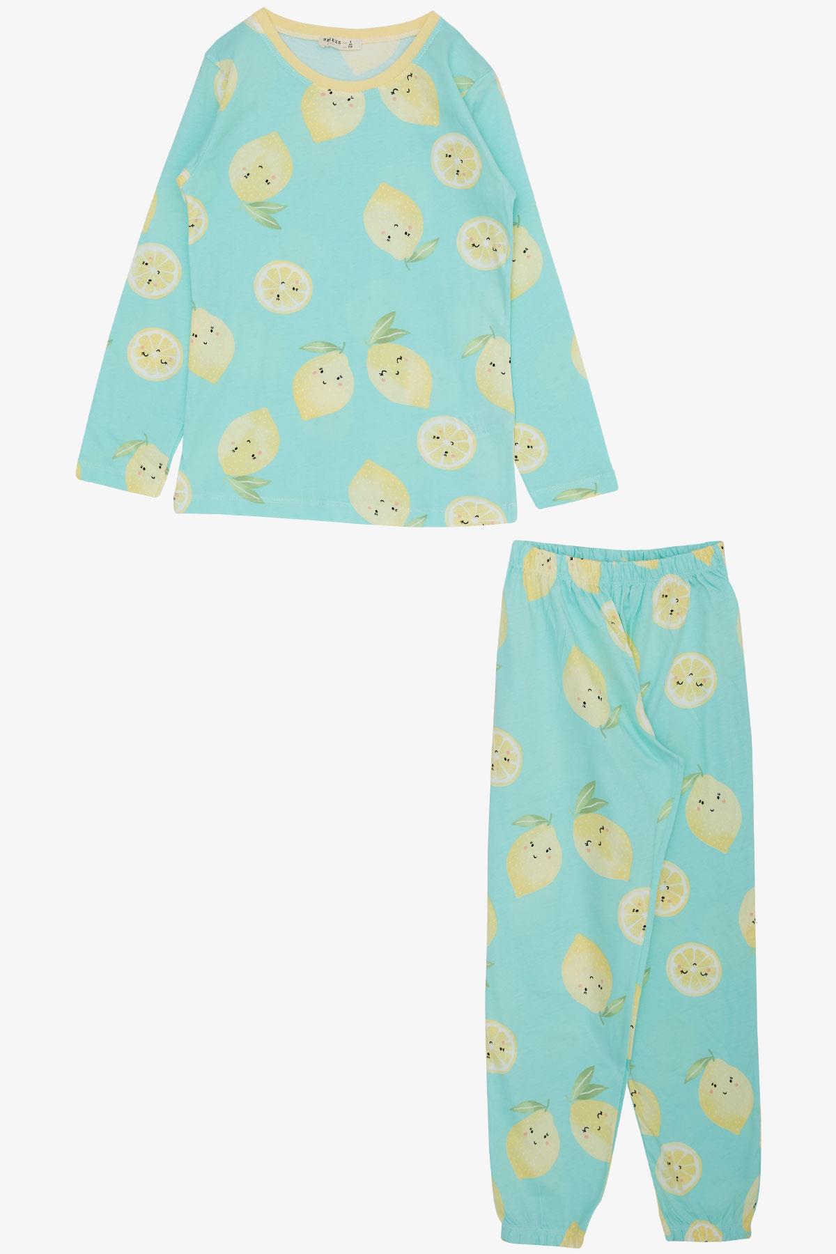 Breeze Kız Çocuk Pijama Takımı Neşeli Limon Desenli Su Yeşili (4-8 Yaş)