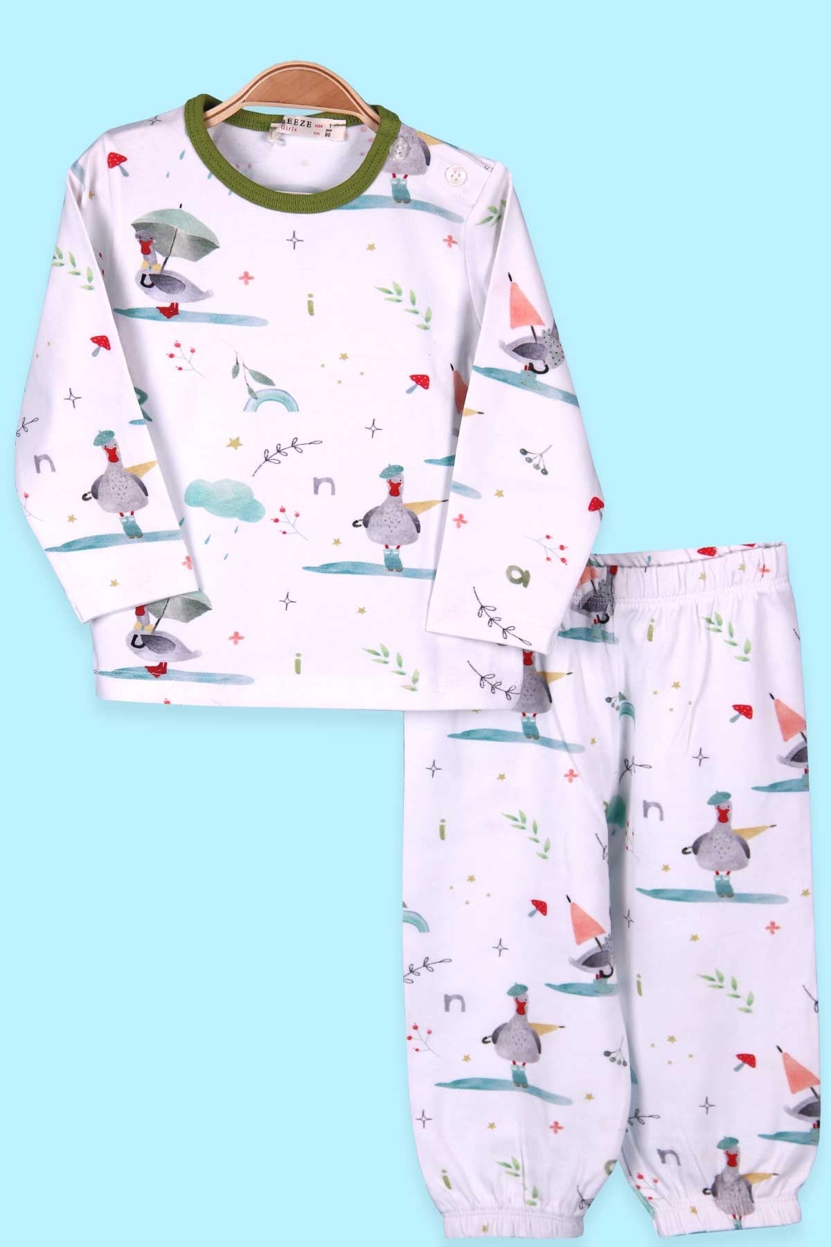 Breeze Kız Çocuk Pijama Takımı Ördek Desenli Ekru (1-4 Yaş)