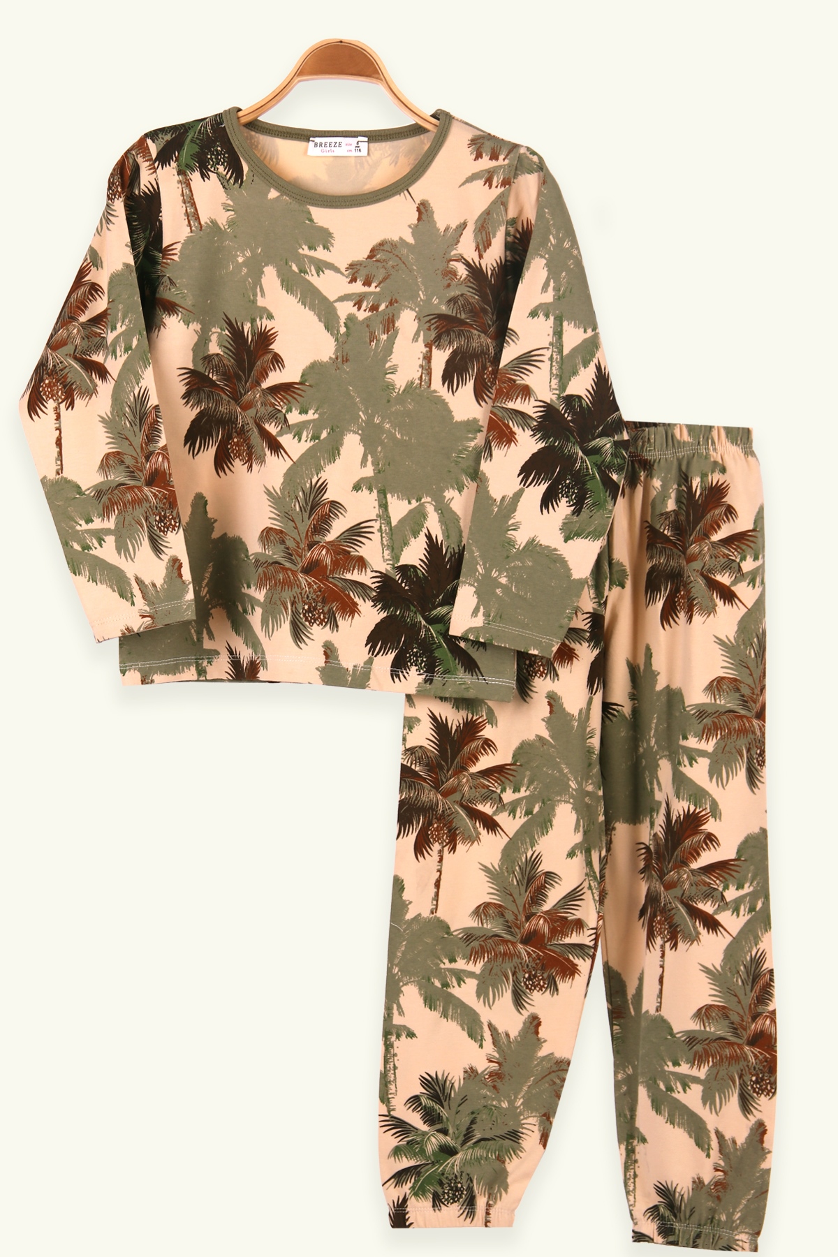 Breeze Kız Çocuk Pijama Takımı Palmiye Ağacı Desenli Haki Yeşil (6-10 Yaş)