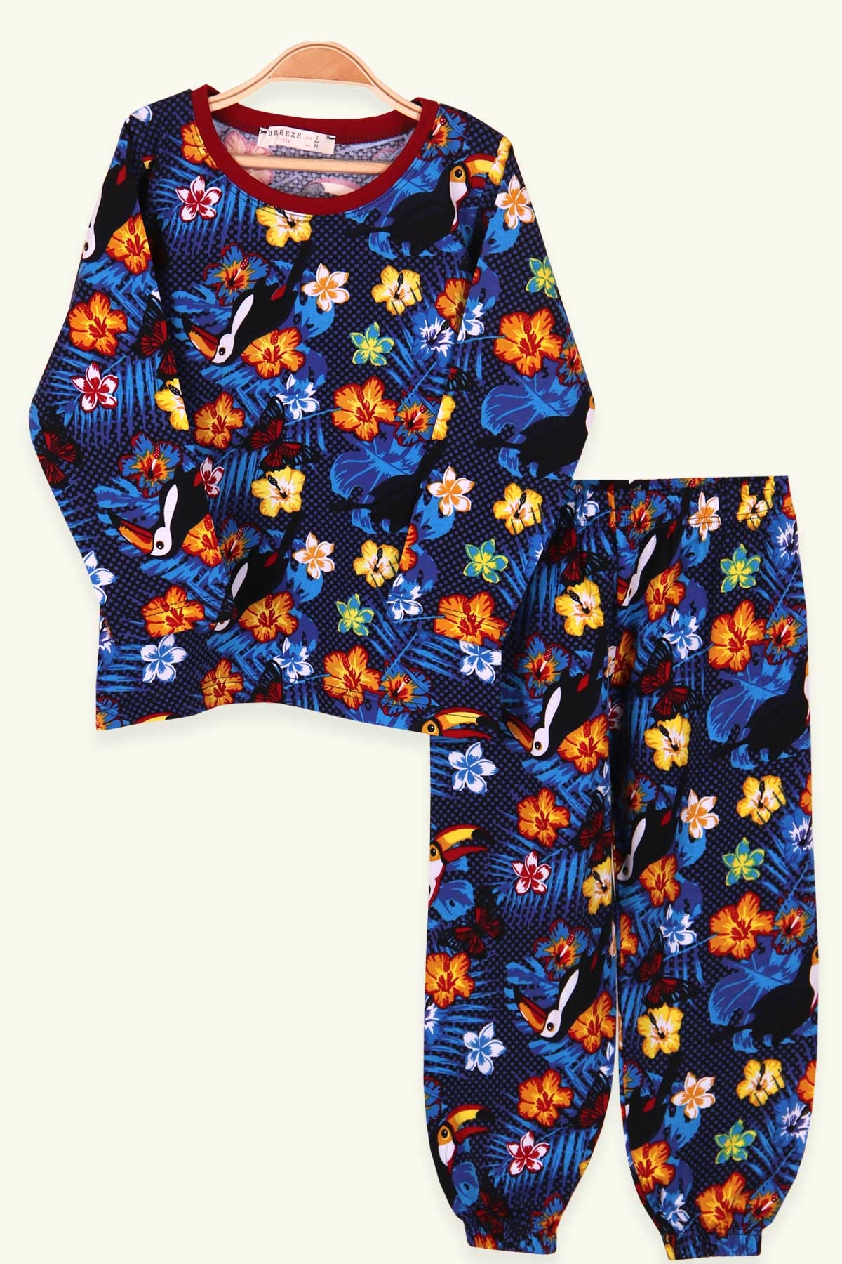 Breeze Kız Çocuk Pijama Takımı Papağan Desenli Çiçekli Mavi (2-6 Yaş)