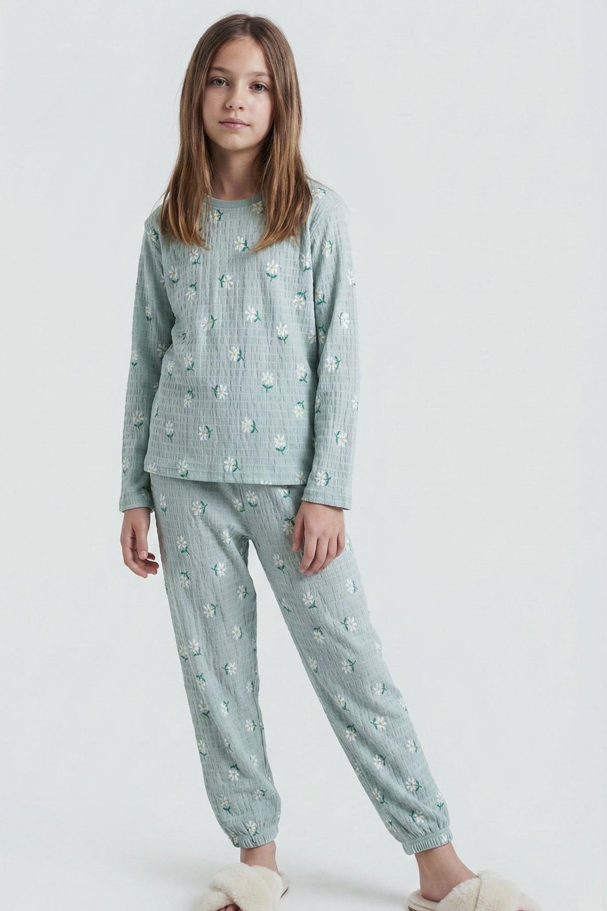 Breeze Kız Çocuk Pijama Takımı Papatya Desenli Su Yeşili (9-12 Yaş)
