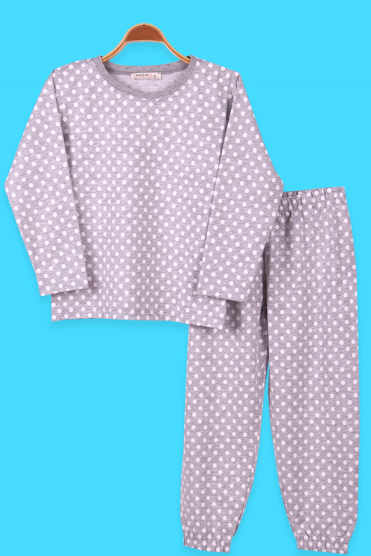 Breeze Kız Çocuk Pijama Takımı Puantiyeli Baskı Açık Gri (6-10 Yaş)