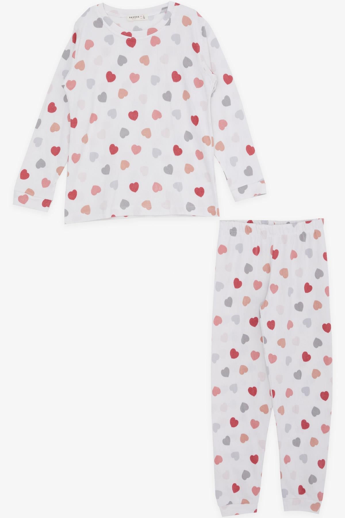 Breeze Kız Çocuk Pijama Takımı Renkli Kalp Desenli Ekru (6-12 Yaş)