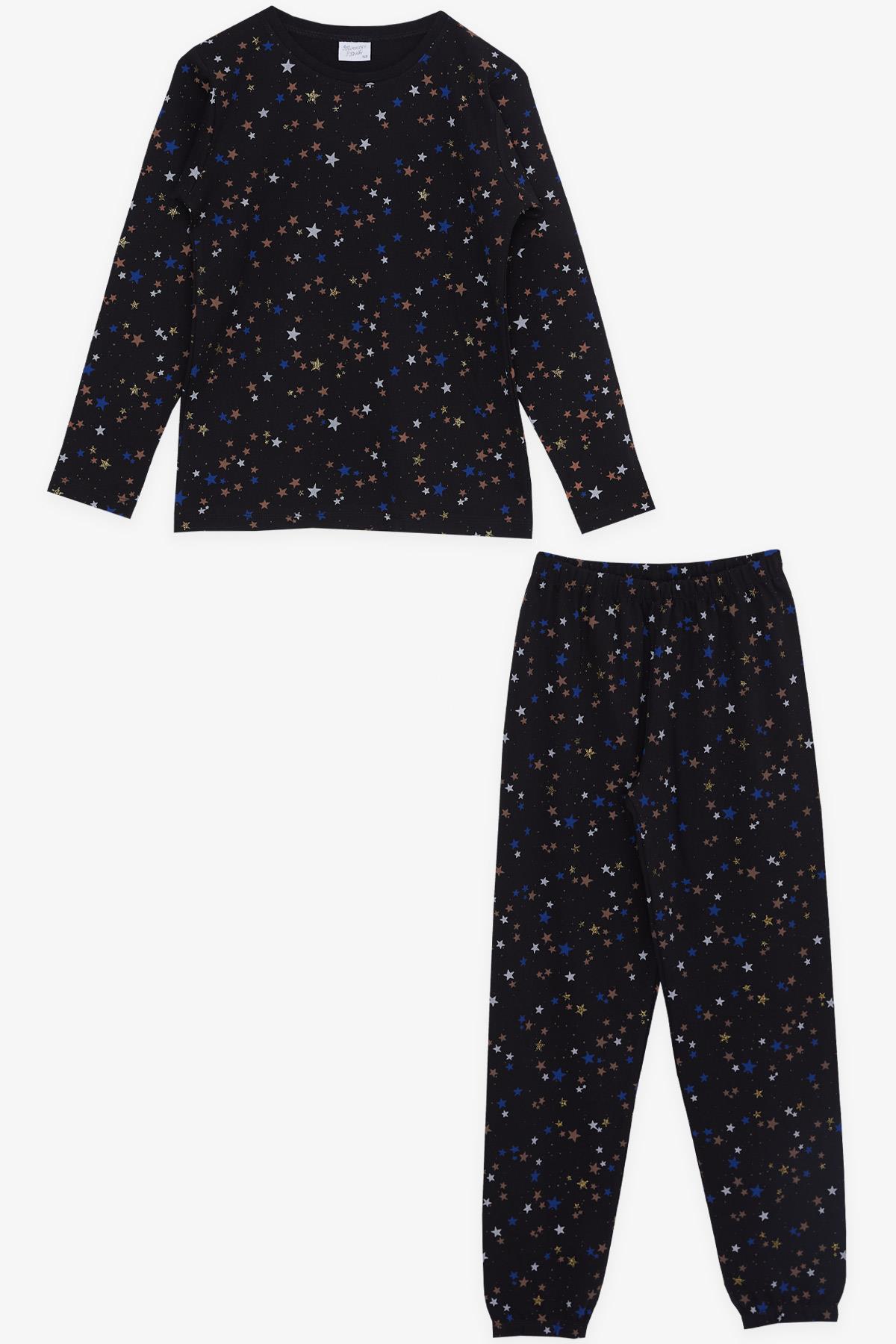 Breeze Kız Çocuk Pijama Takımı Renkli Yıldız Desenli Siyah (9-12 Yaş)