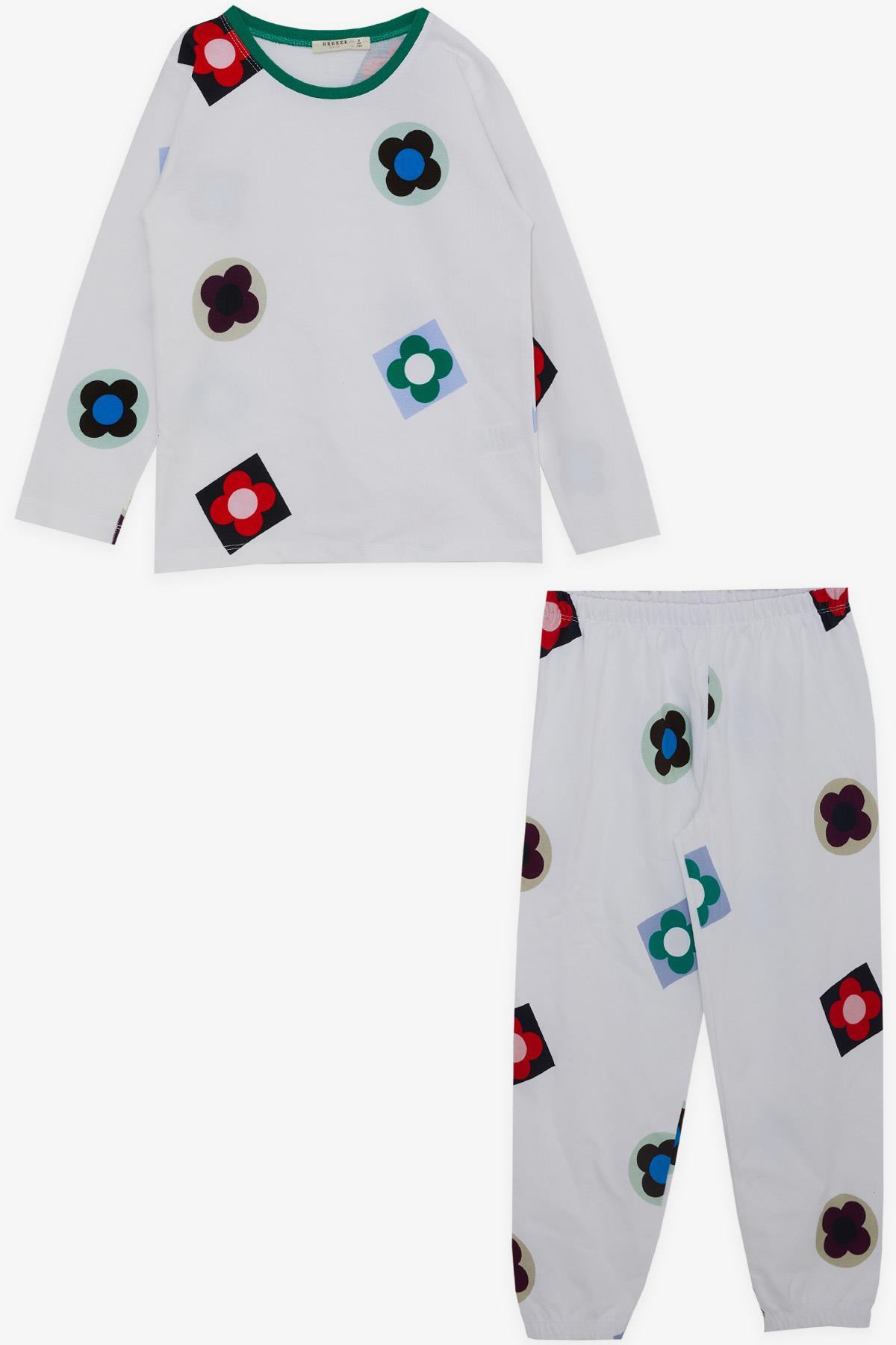 Breeze Kız Çocuk Pijama Takımı Renkli Çiçek Desenli Beyaz (5-9 Yaş)
