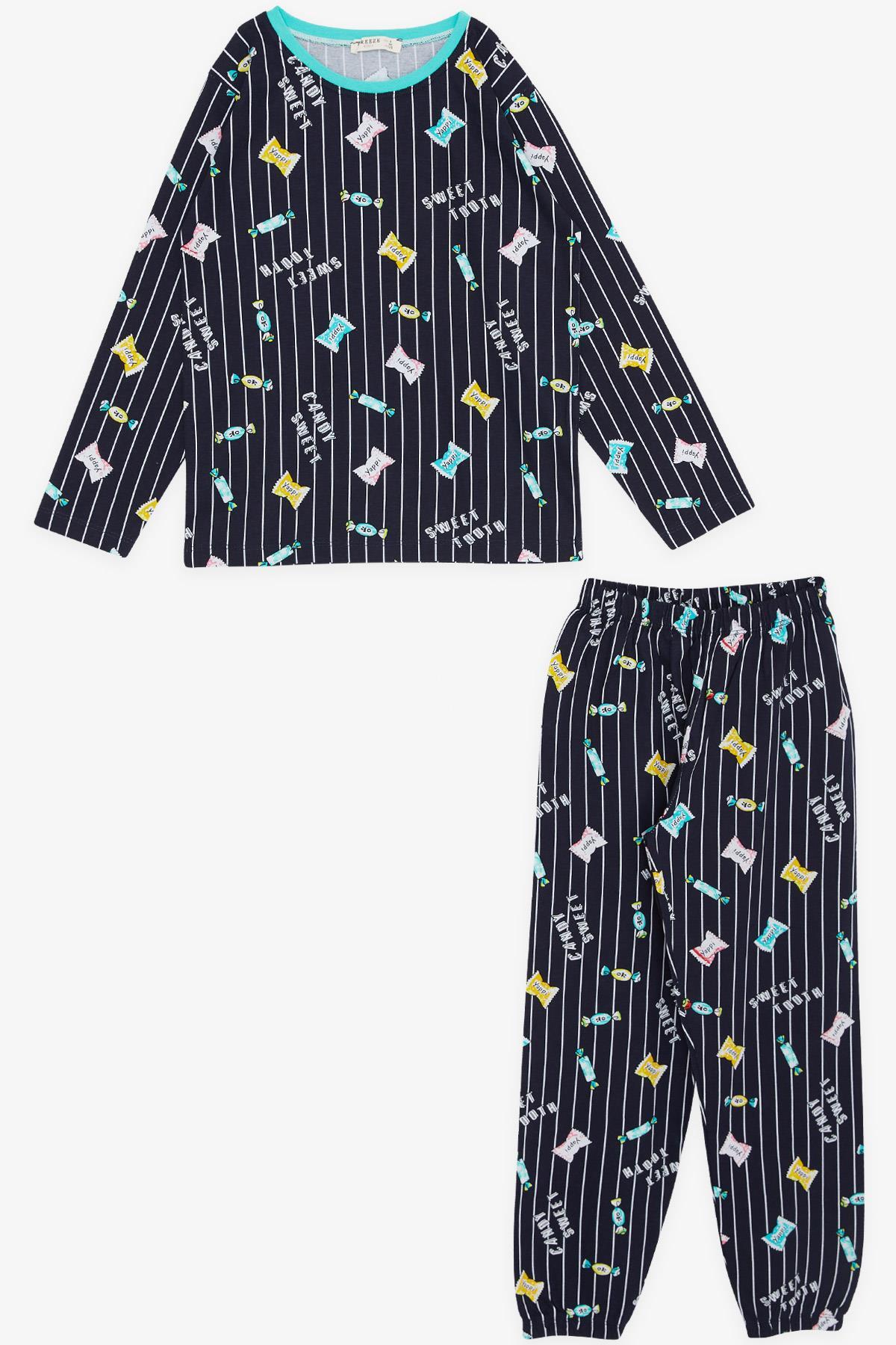 Breeze Kız Çocuk Pijama Takımı Renkli Şeker Desenli Lacivert (4-8 Yaş)