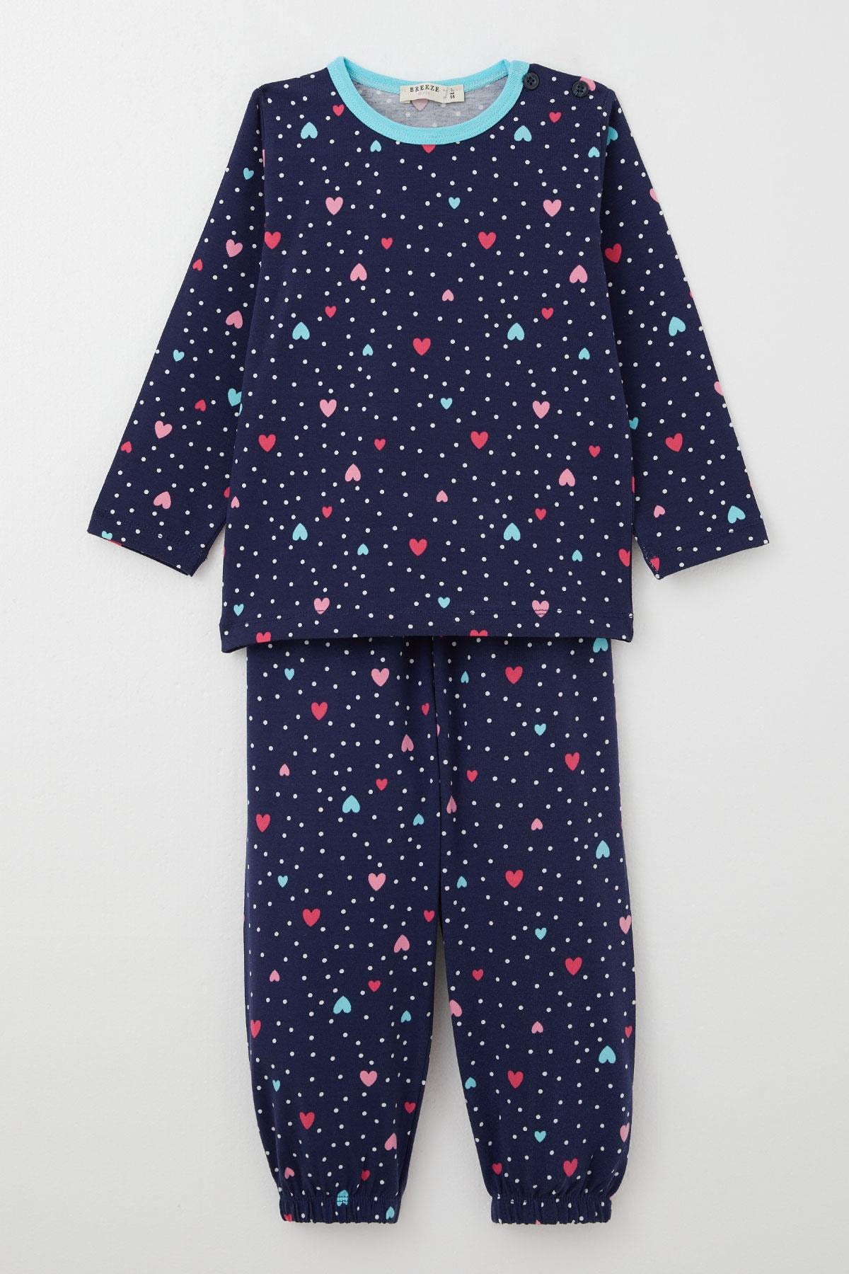 Breeze Kız Çocuk Pijama Takımı Renkli Kalp Desenli Puantiyeli Lacivert (1-3 Yaş)