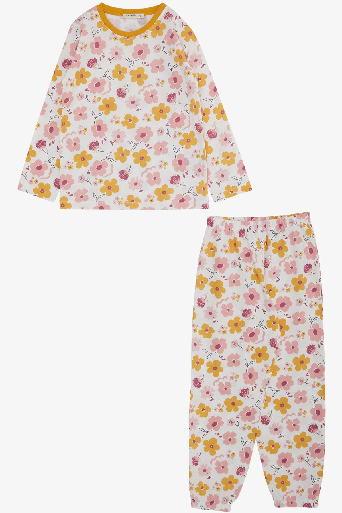 Breeze Kız Çocuk Pijama Takımı Renkli Çiçek Desenli Beyaz (4-8 Yaş)