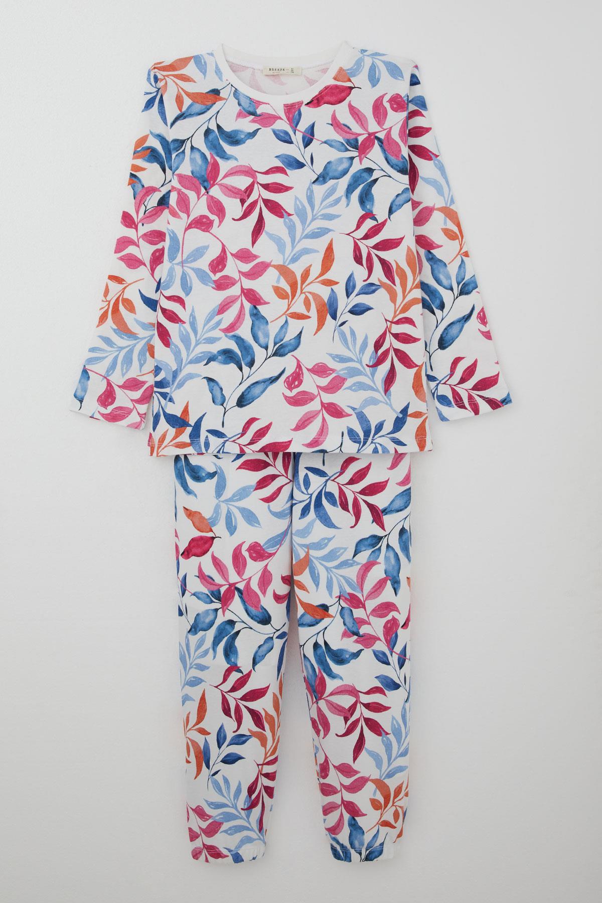Breeze Kız Çocuk Pijama Takımı Renkli Yaprak Desenli Beyaz (9-12 Yaş)