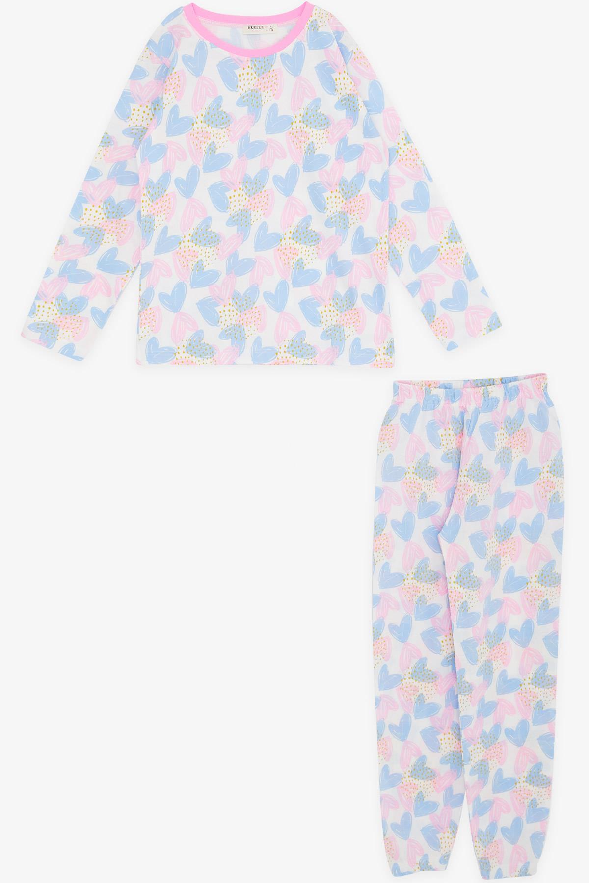 Breeze Kız Çocuk Pijama Takımı Renkli Kalp Desenli Beyaz (4-8 Yaş)