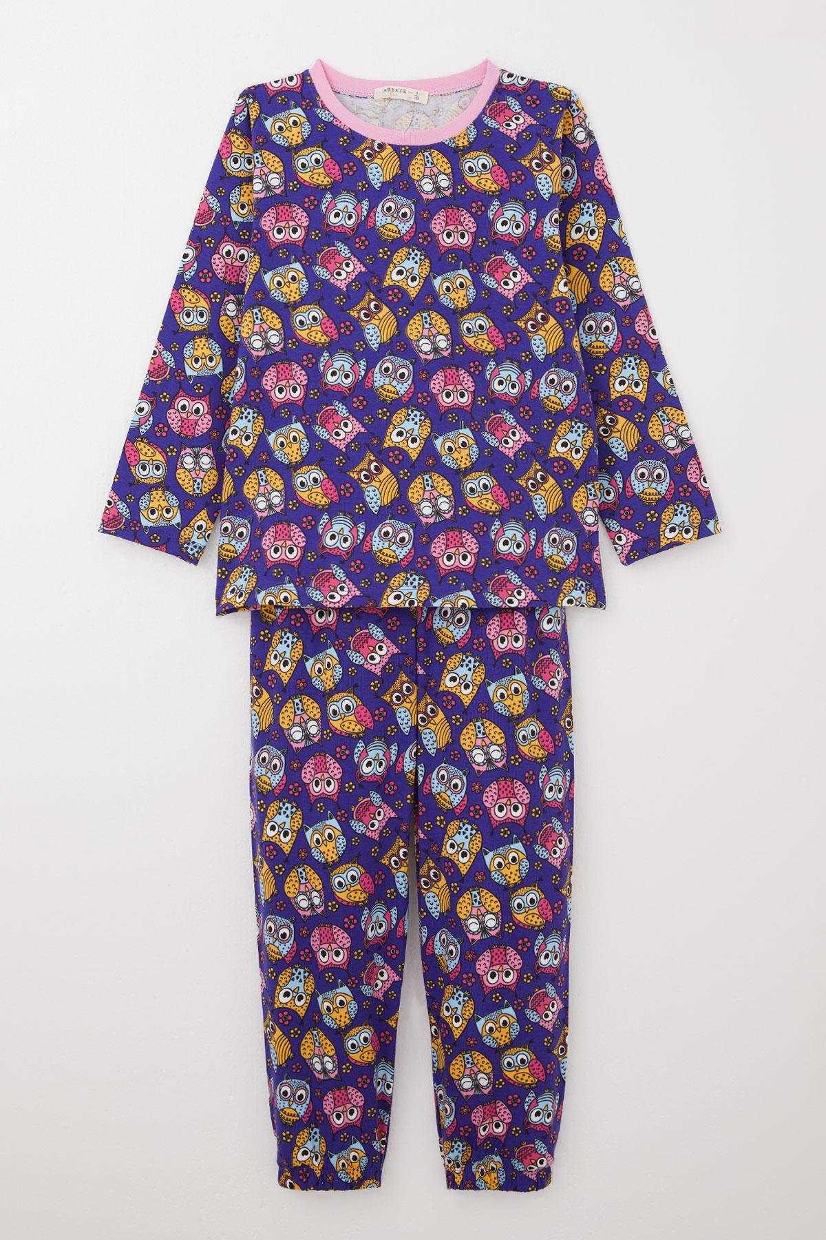 Breeze Kız Çocuk Pijama Takımı Renkli Sevimli Baykuş Desenli Mor (4-8 Yaş)