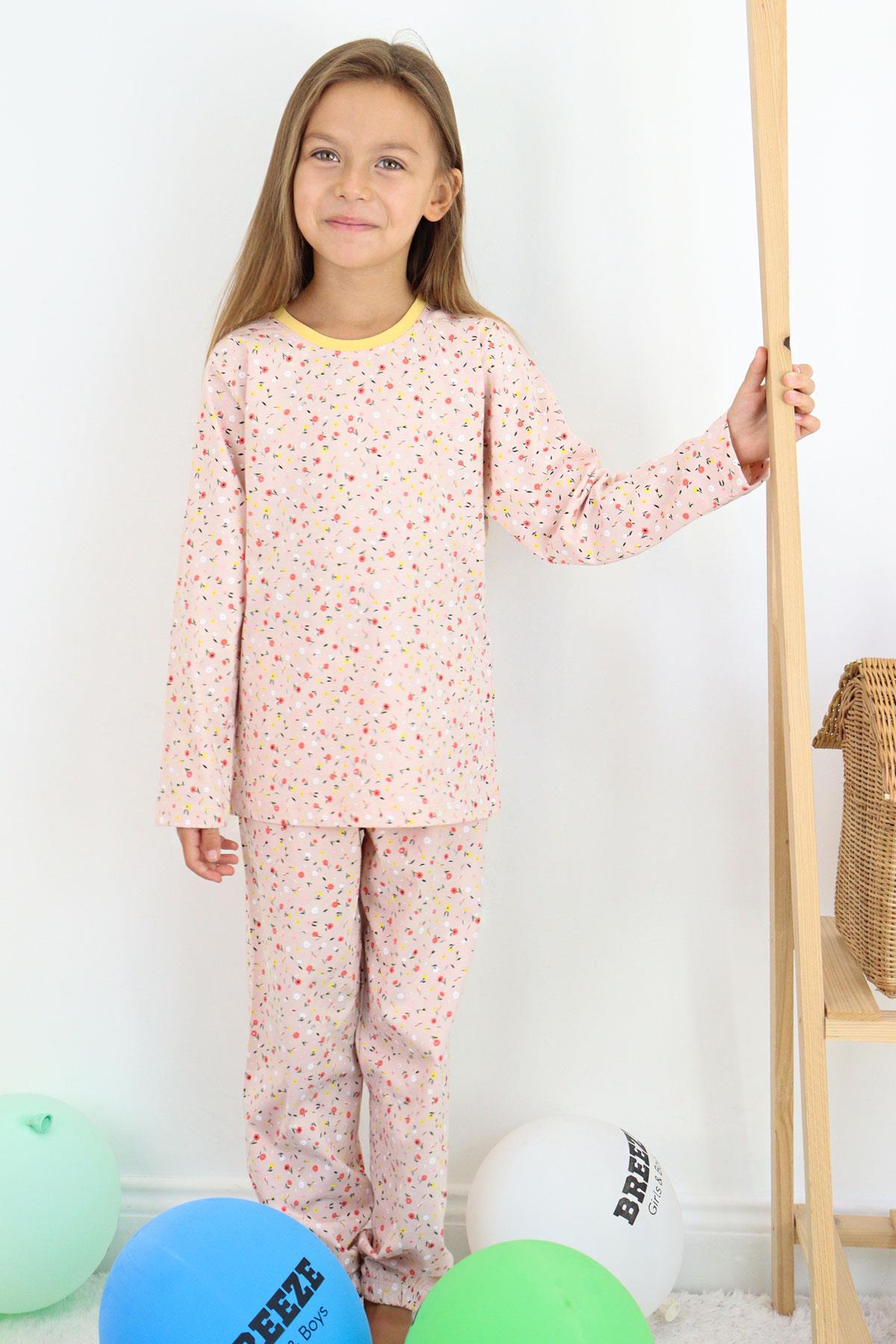 Breeze Kız Çocuk Pijama Takımı Renkli Minik Çiçek Desenli Pudra (4-8 Yaş)