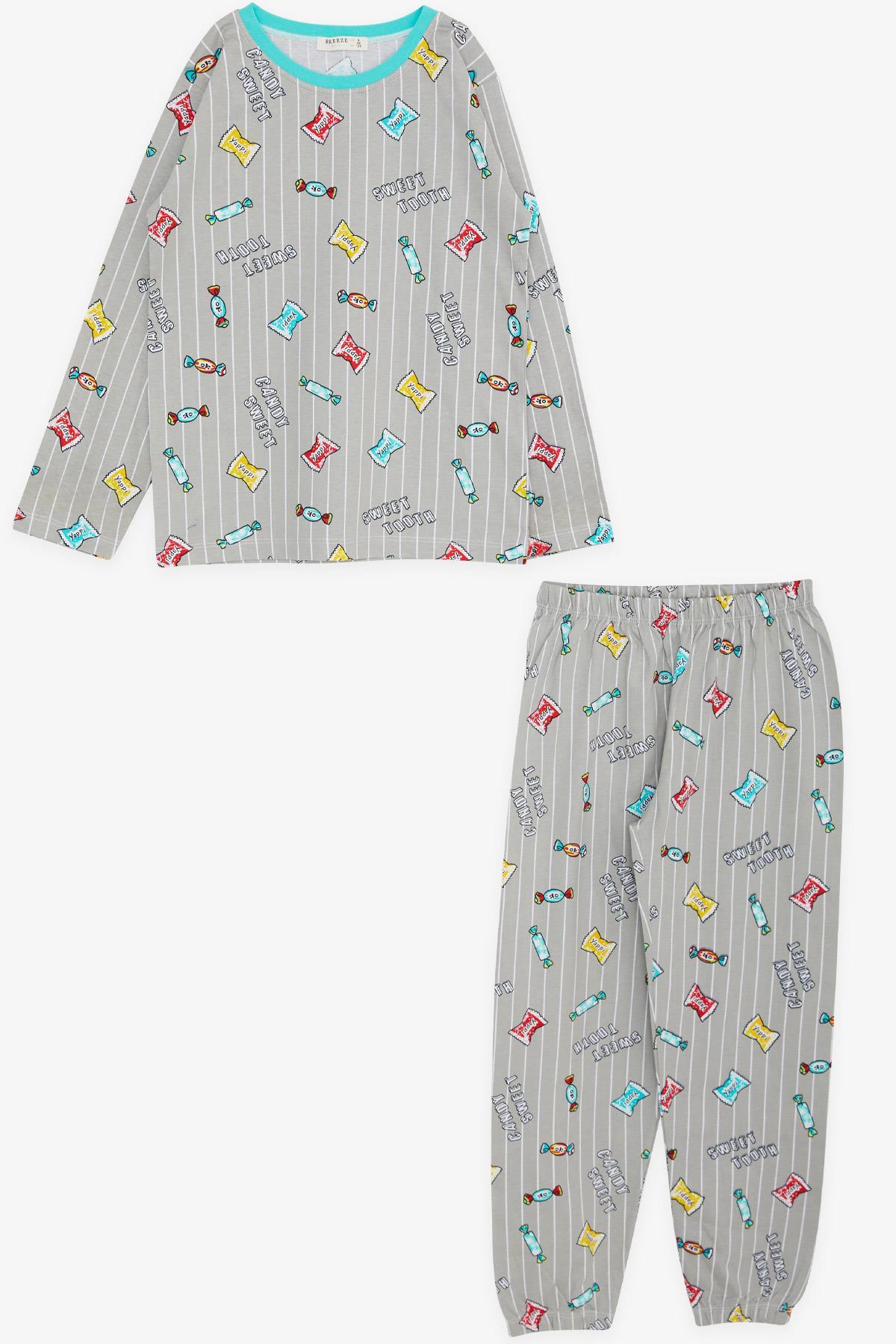 Breeze Kız Çocuk Pijama Takımı Renkli Şeker Desenli Gri (4-8 Yaş)