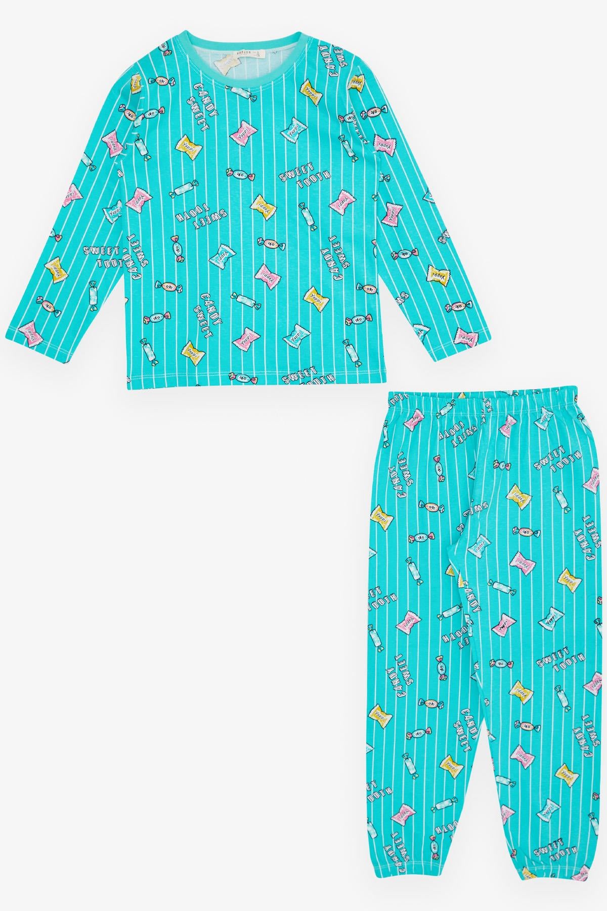 Breeze Kız Çocuk Pijama Takımı Renkli Şeker Desenli Su Yeşili (4-8 Yaş)