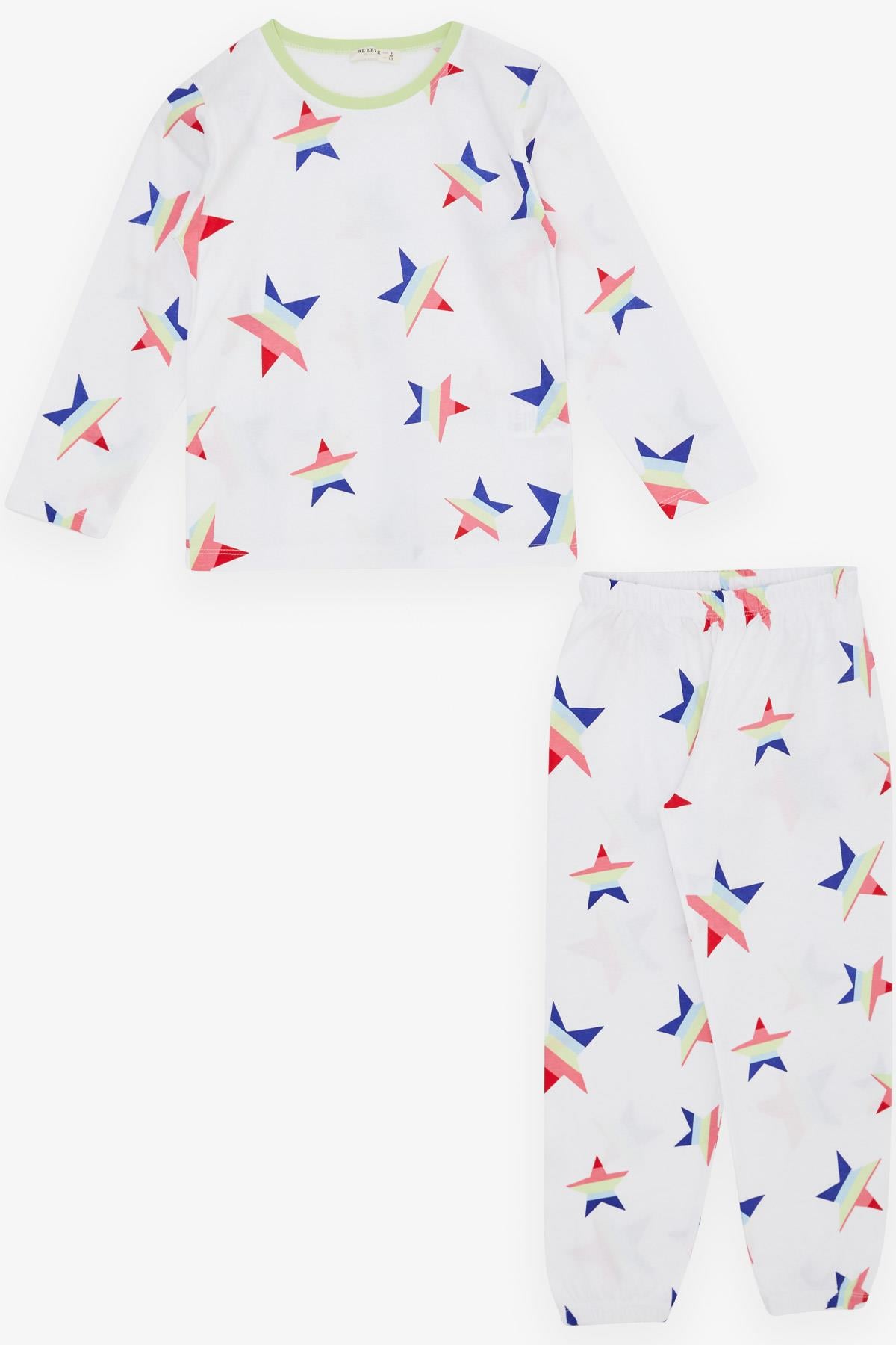 Breeze Kız Çocuk Pijama Takımı Renkli Yıldız Desenli Beyaz (4-8 Yaş)